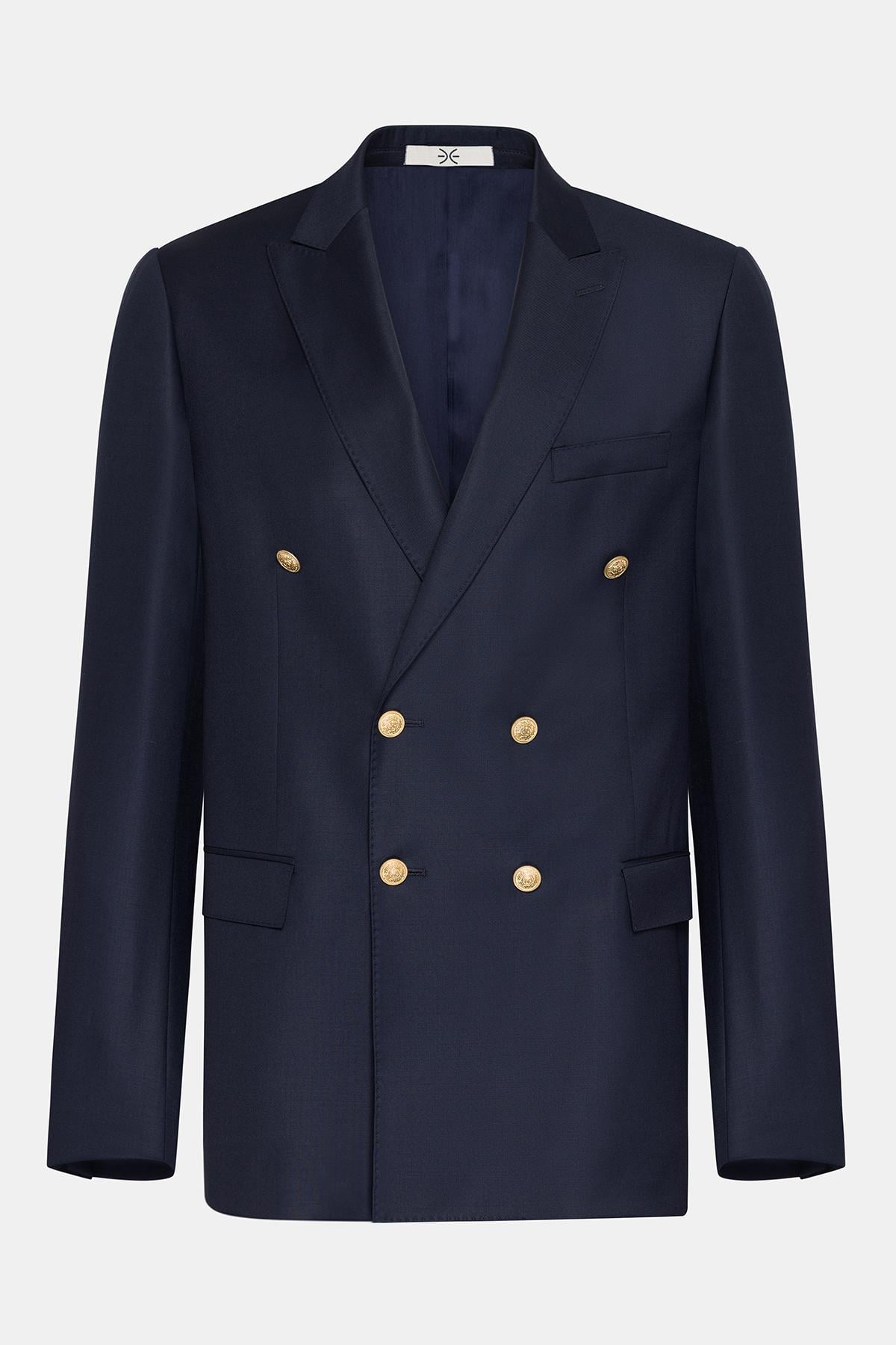Erkek Lacivert Kruvaze Yün Delfino Blazer Ceket