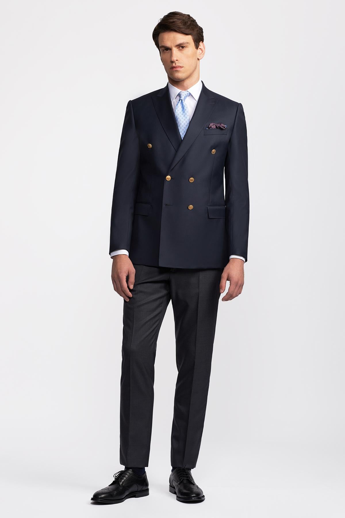 Erkek Lacivert Kruvaze Yün Delfino Blazer Ceket
