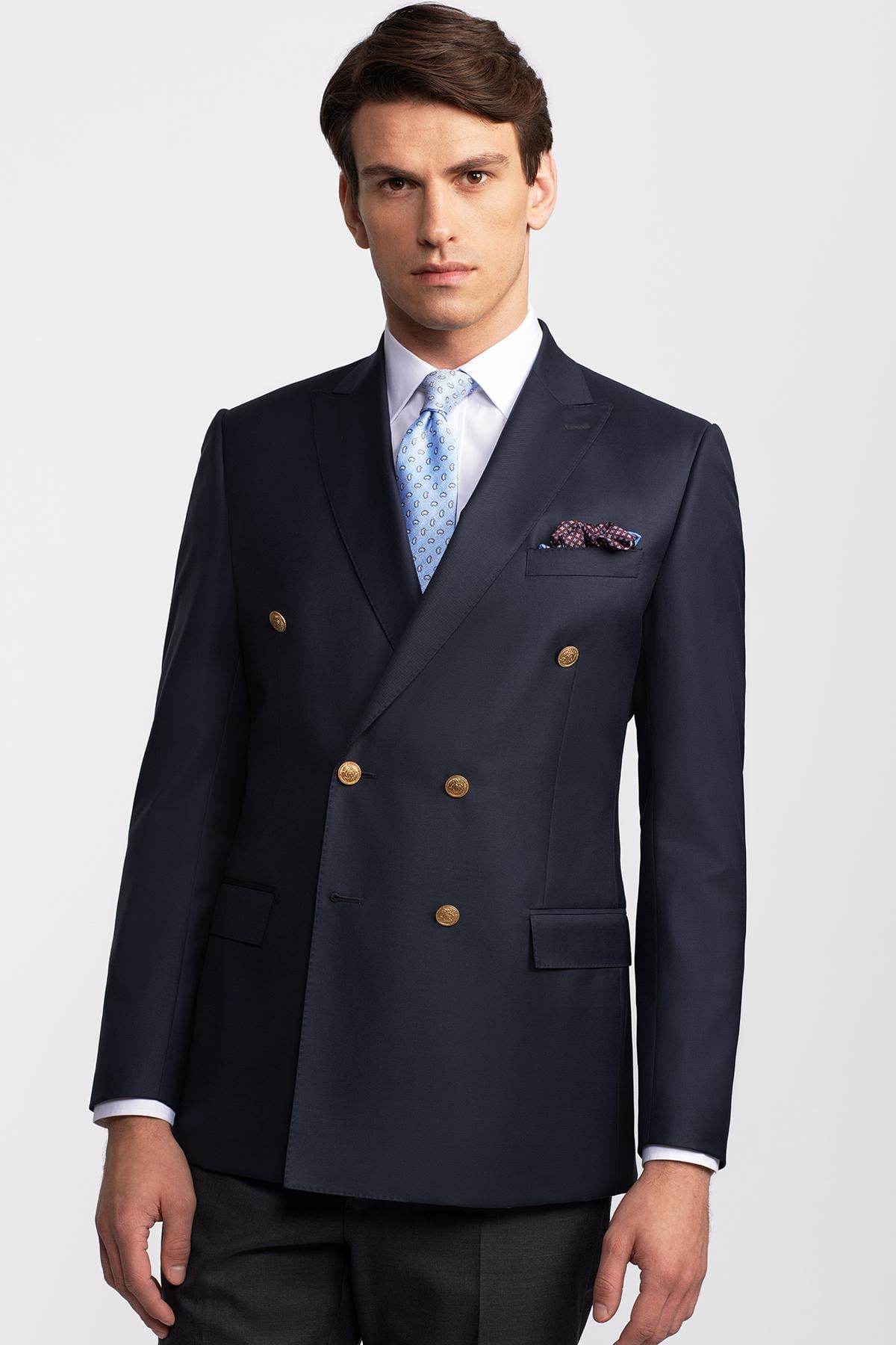 Erkek Lacivert Kruvaze Yün Delfino Blazer Ceket
