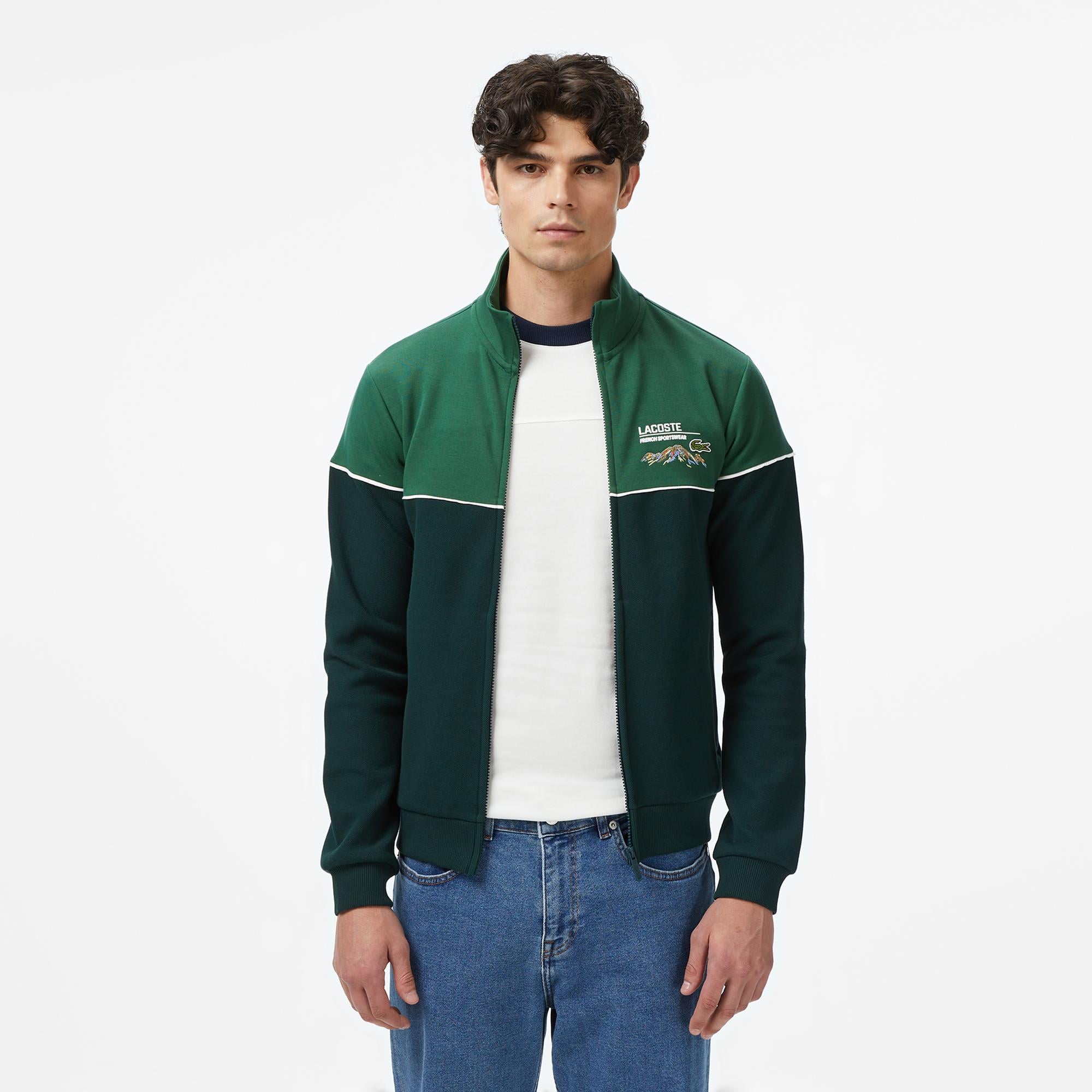 Erkek Slim Fit Fermuarlı Renk Bloklu Yeşil Sweatshirt