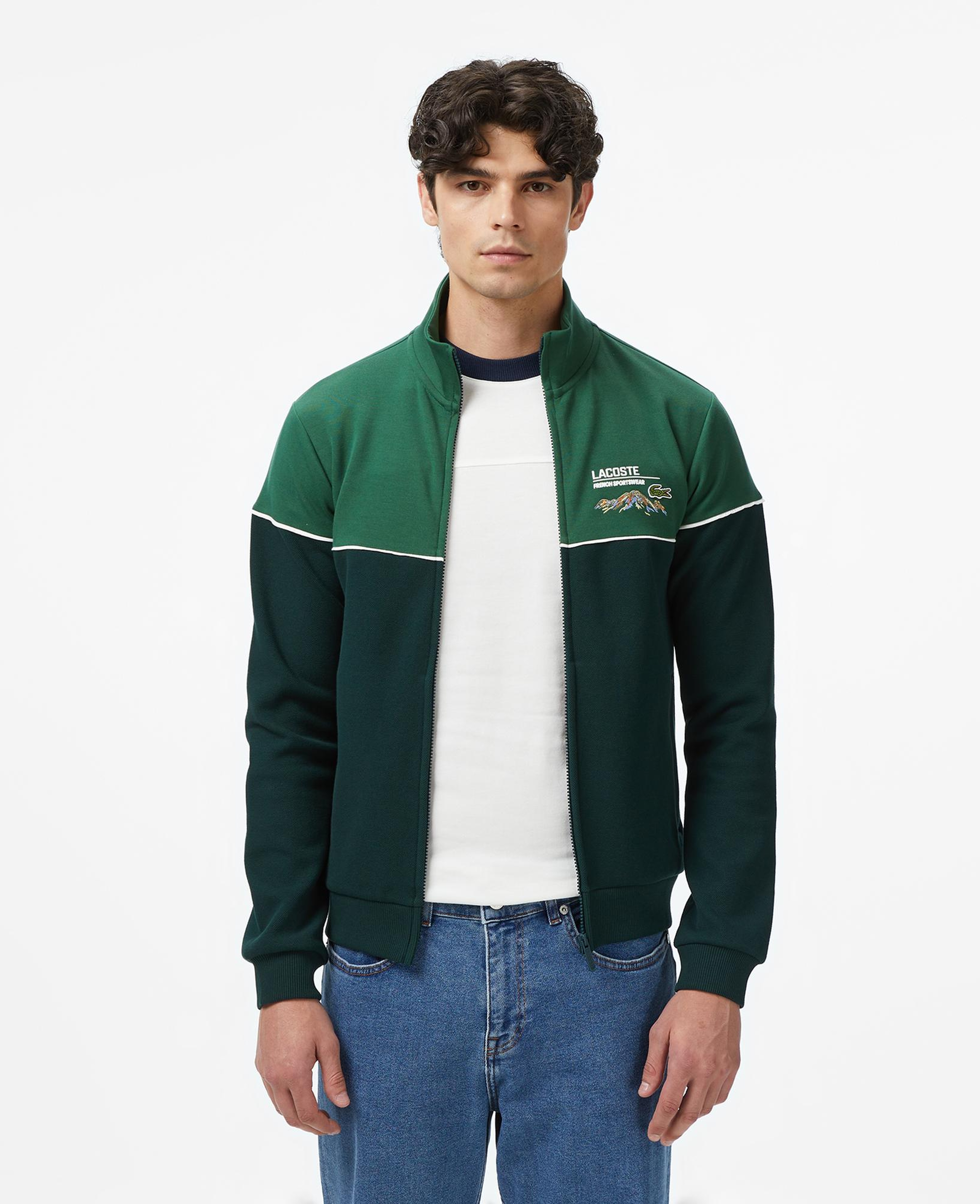 Erkek Slim Fit Fermuarlı Renk Bloklu Yeşil Sweatshirt
