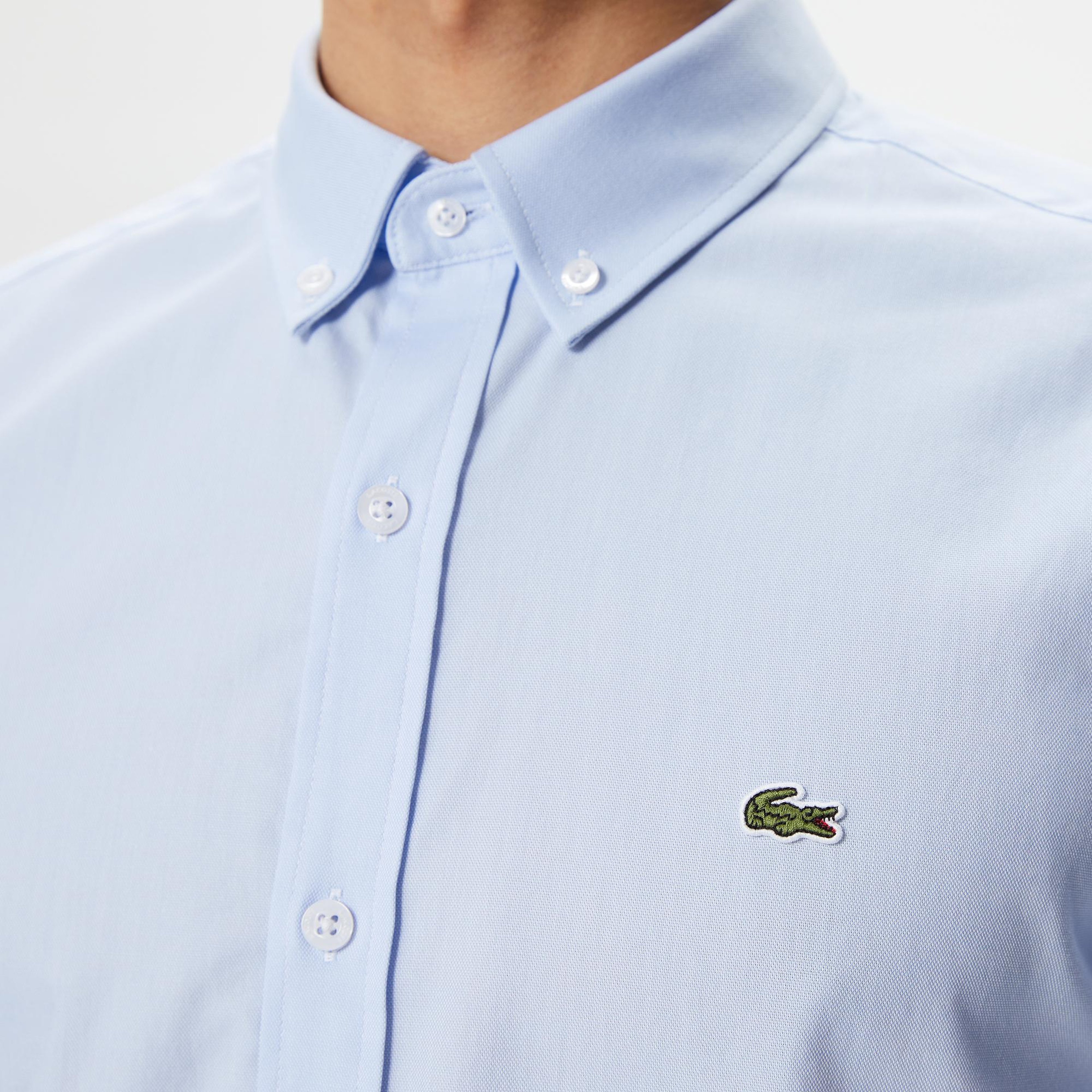Erkek Slim Fit Düğmeli Yaka Açık Mavi Gömlek