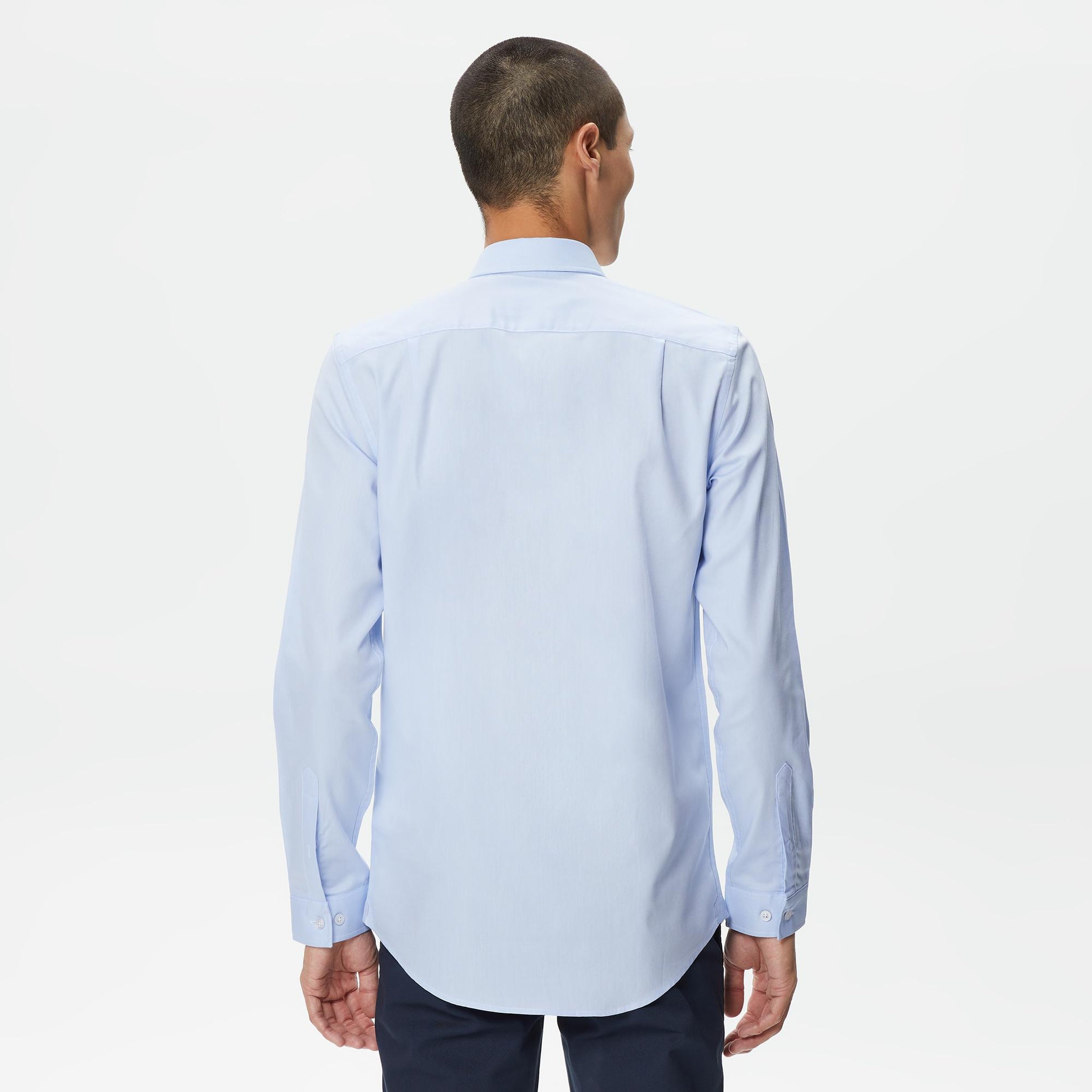 Erkek Slim Fit Düğmeli Yaka Açık Mavi Gömlek