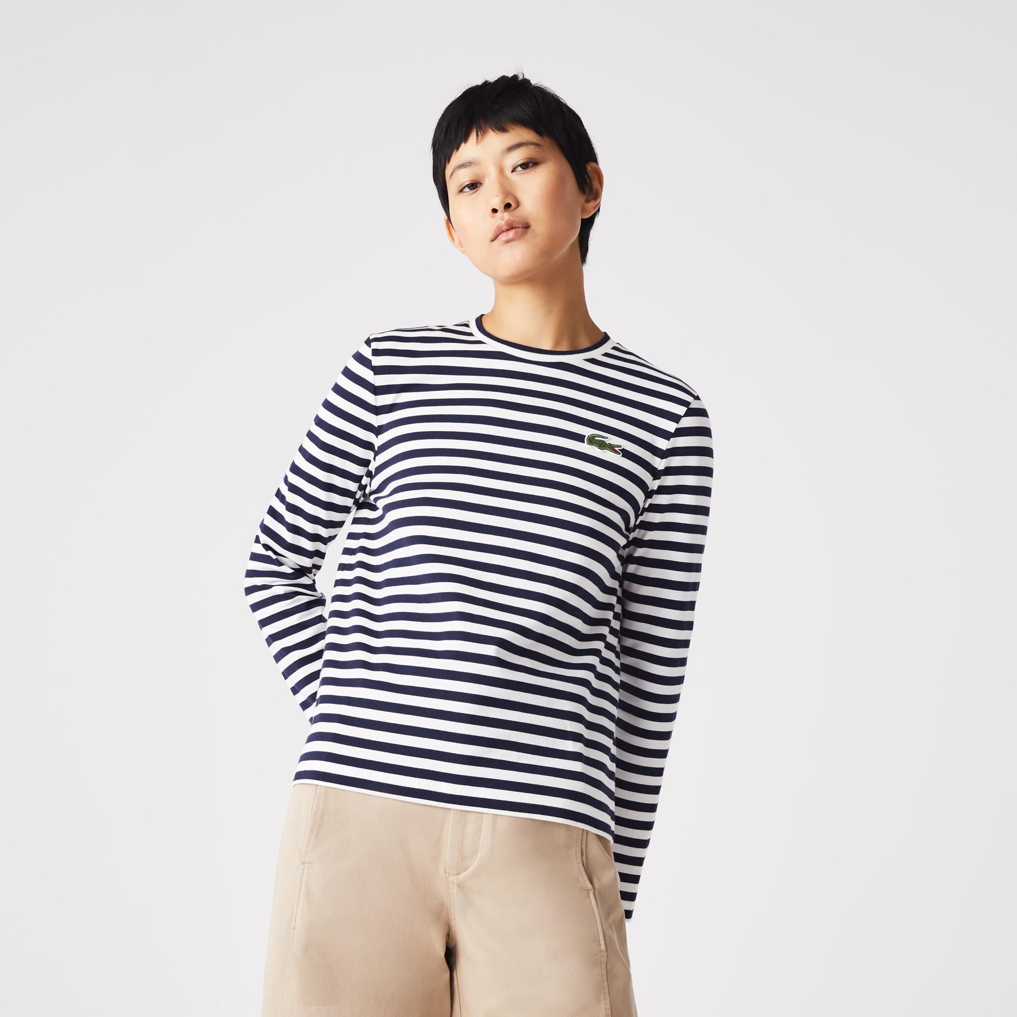 Lacoste Regular Fit Çizgili Kadın Mavi T-Shirt