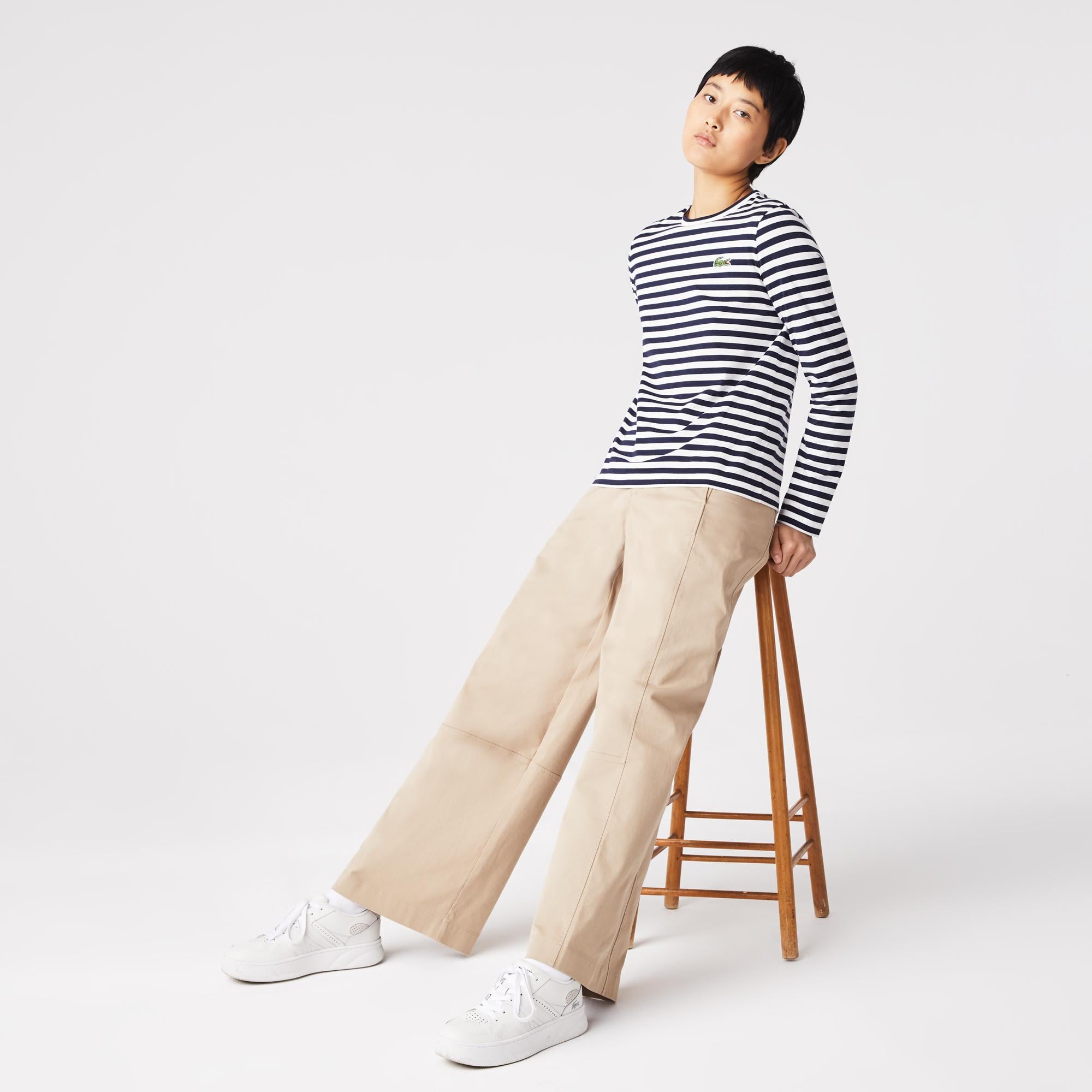 Lacoste Regular Fit Çizgili Kadın Mavi T-Shirt