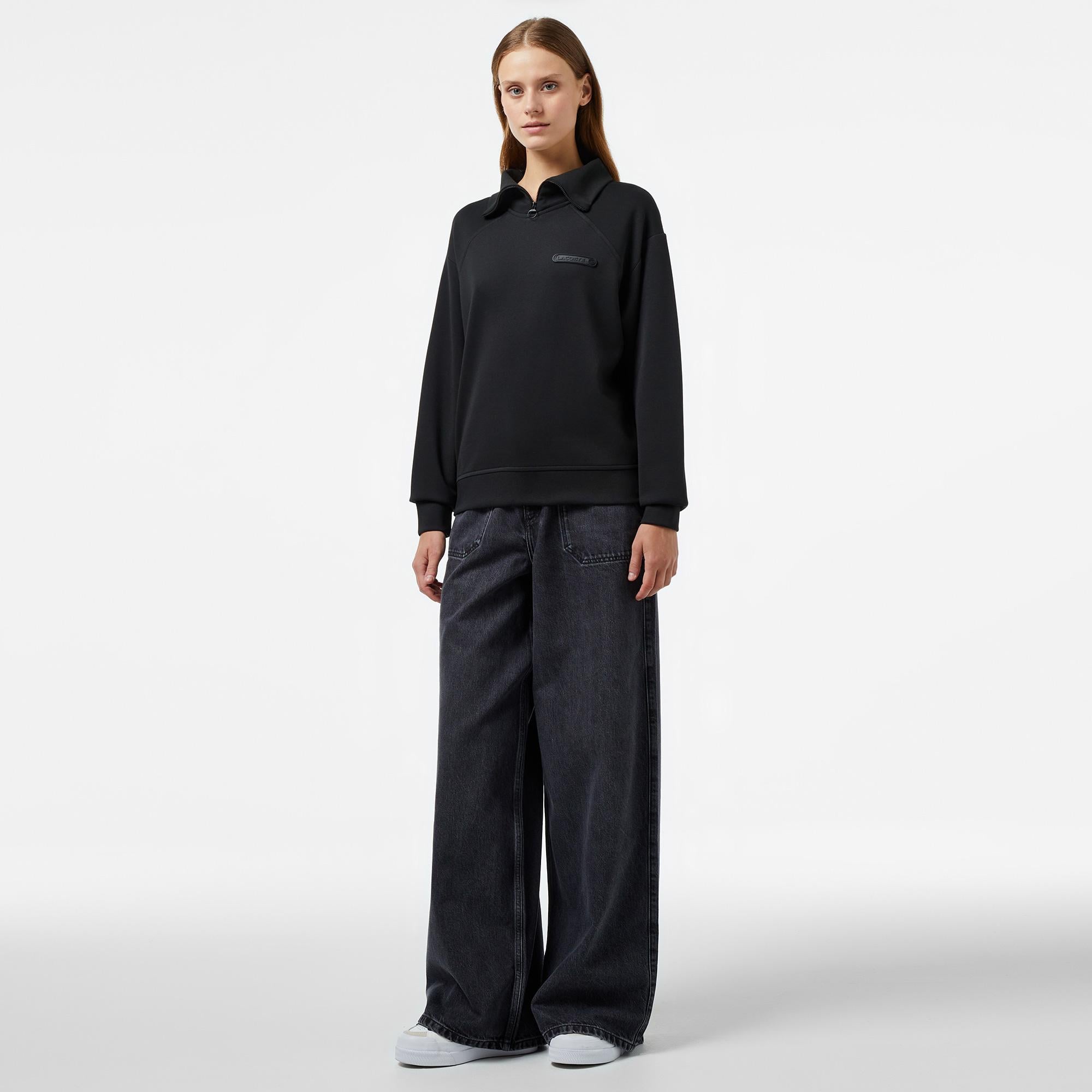 Kadın Regular Fit Fermuarlı Dik Yaka Siyah Sweatshirt