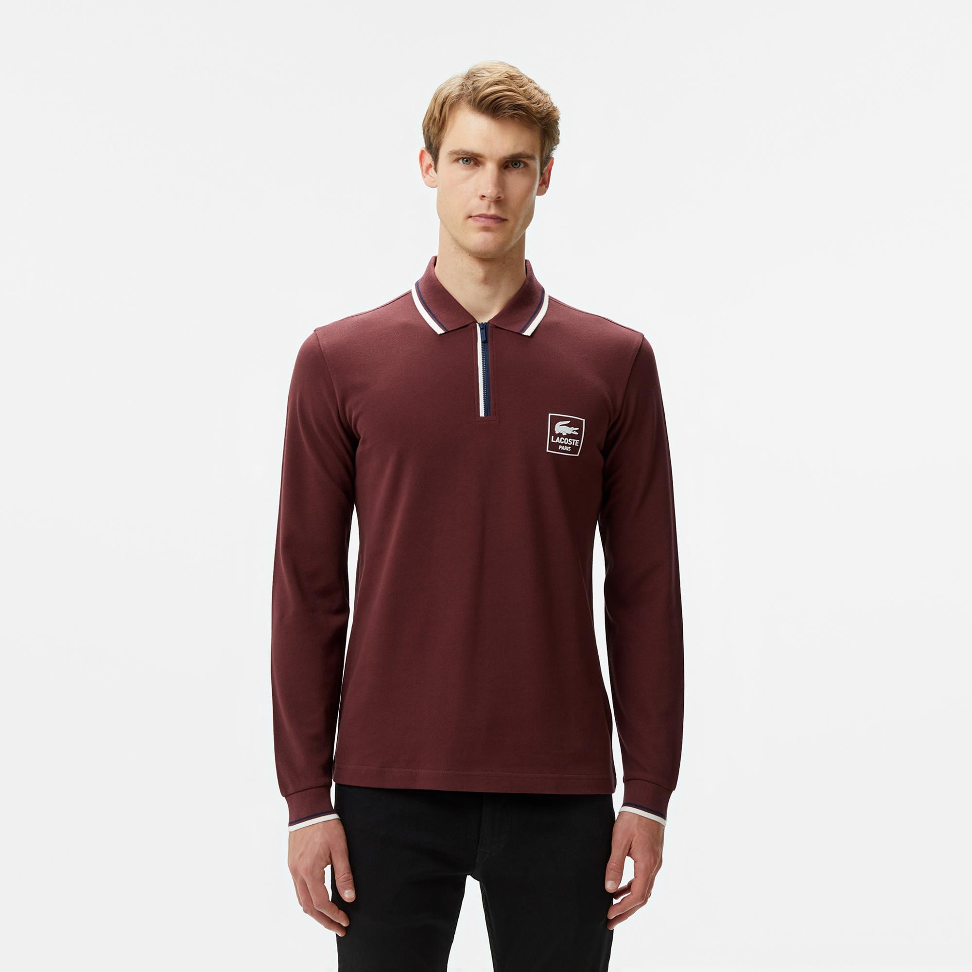 Erkek Regular Fit Uzun Kollu Yarım Fermuarlı Bordo Polo