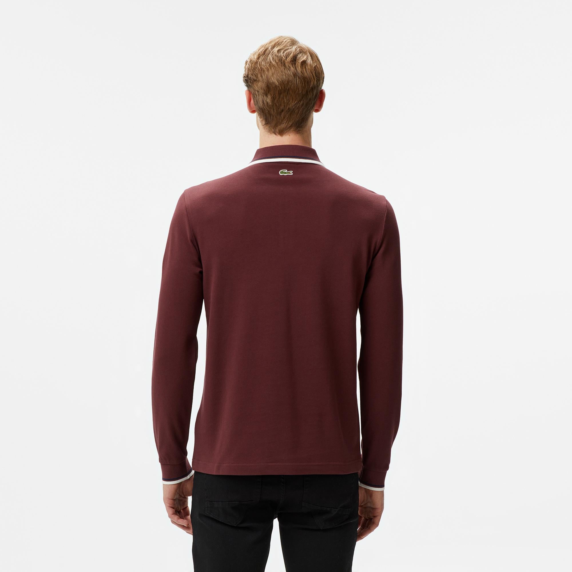 Erkek Regular Fit Uzun Kollu Yarım Fermuarlı Bordo Polo