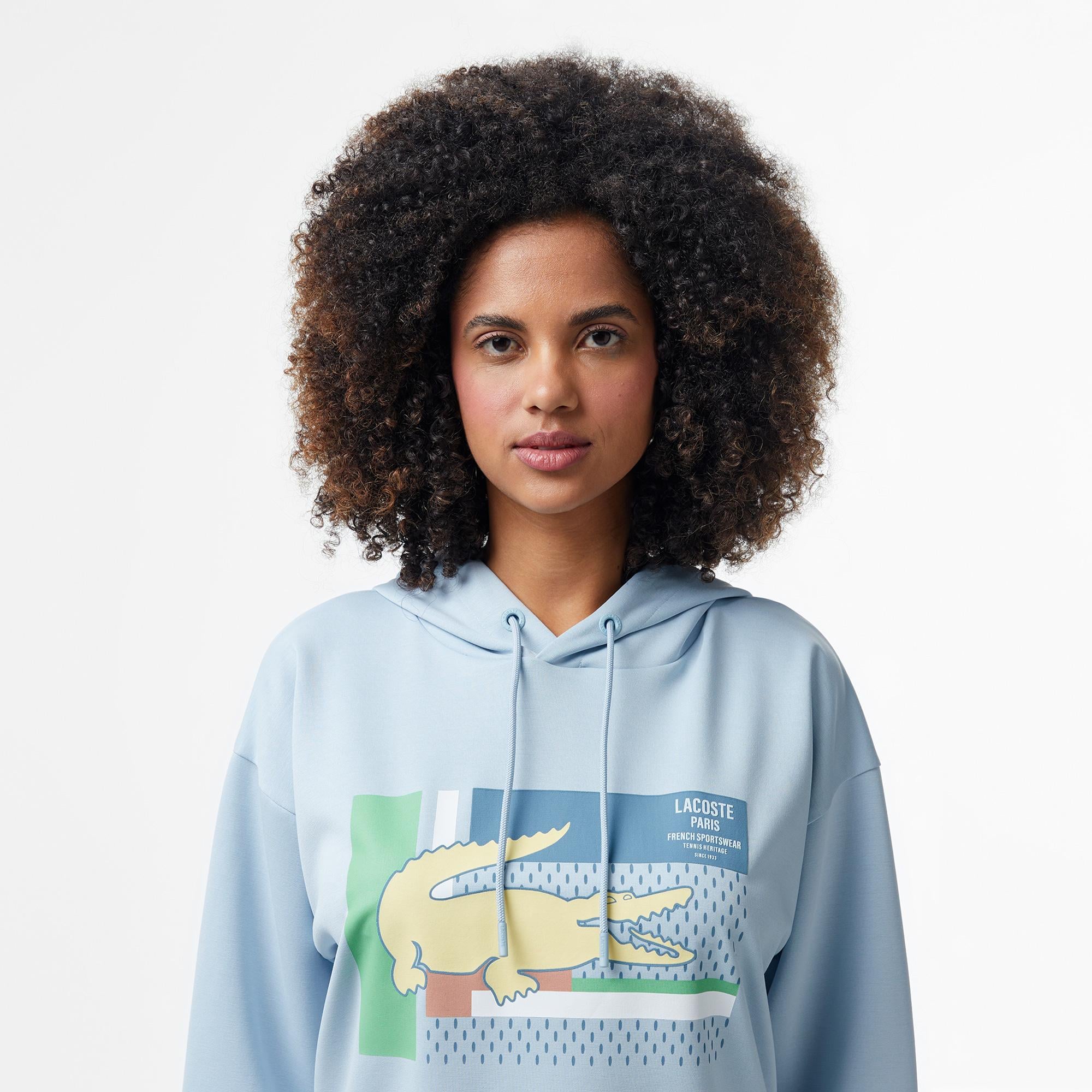 Kadın Relaxed Fit Kapüşonlu Baskılı Açık Mavi Modal Karışımlı Sweatshirt
