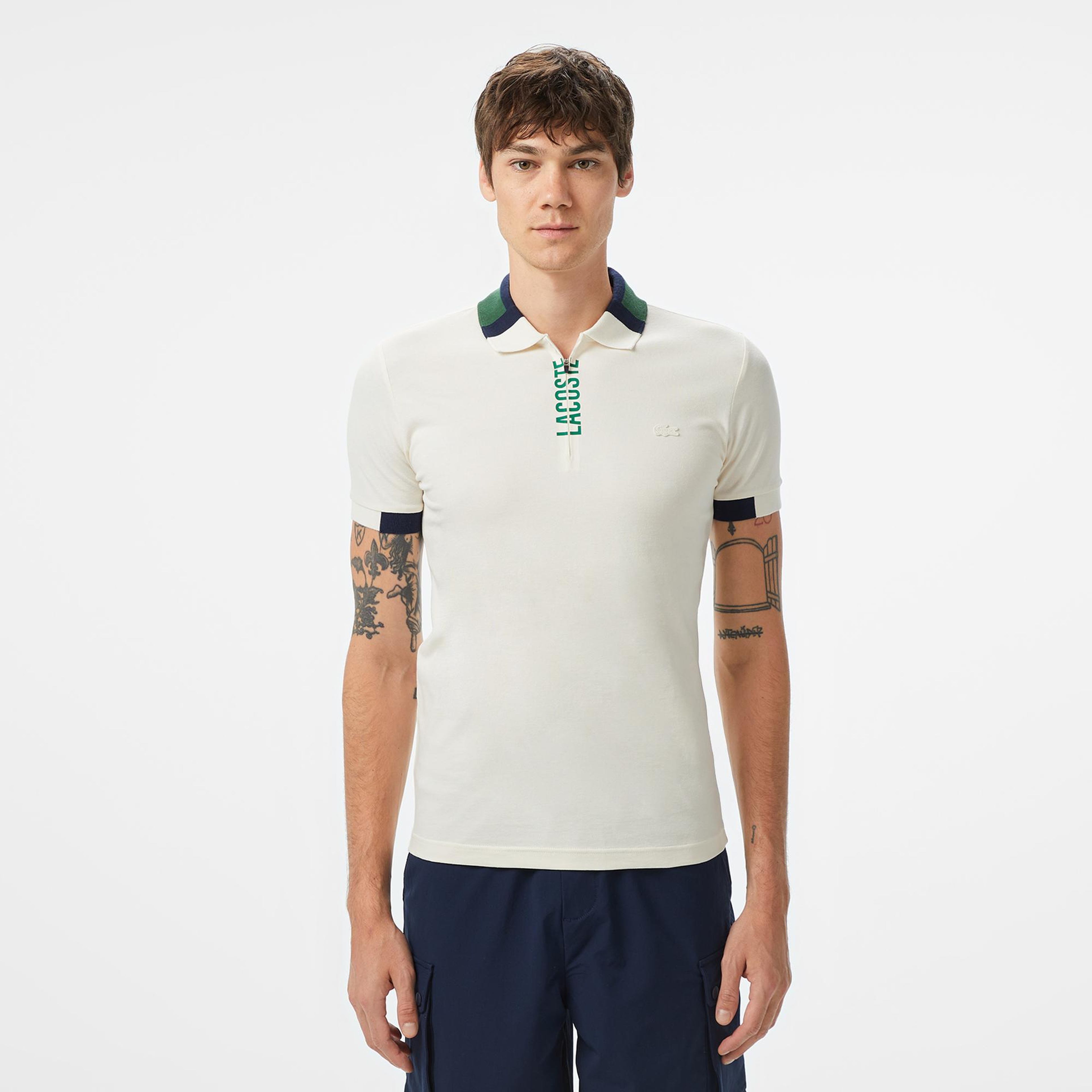 Erkek Regular Fit Yarım Fermuarlı Baskılı Beyaz Polo