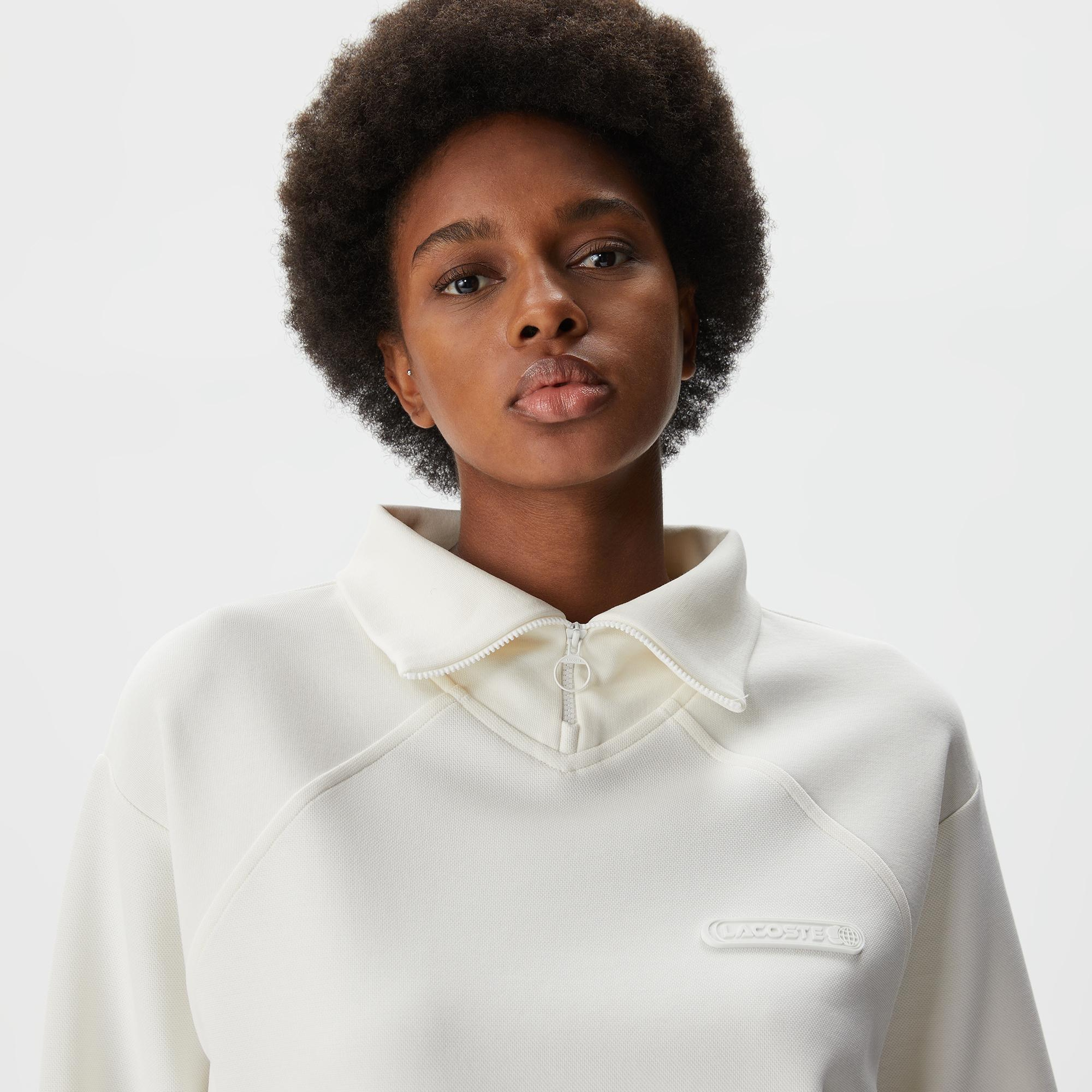 Lacoste Kadın Regular Fit Fermuarlı Dik Yaka Beyaz Sweatshirt