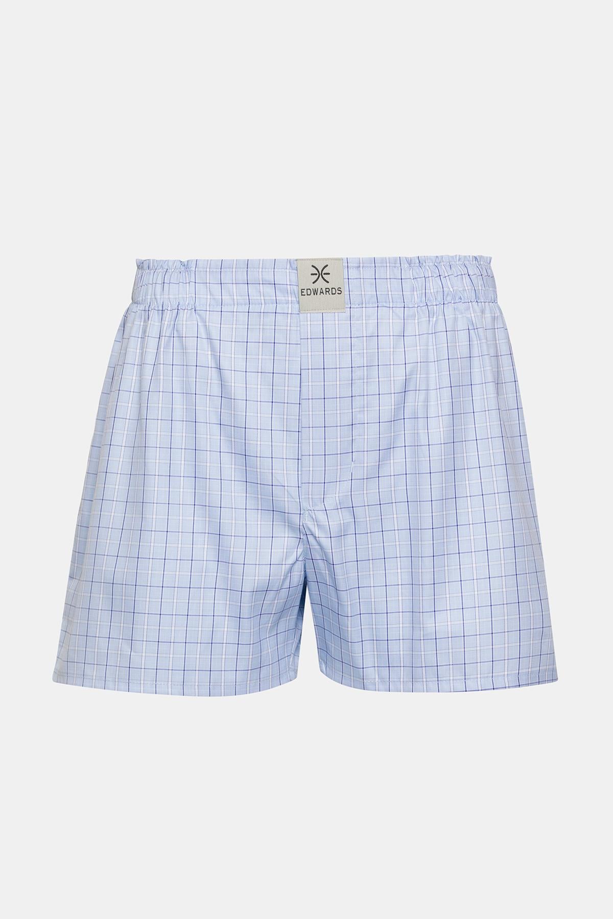 Erkek Açık Mavi Ekoseli Dokuma Boxer