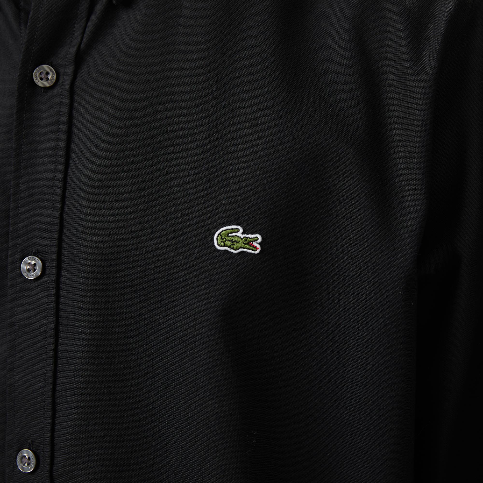 Erkek Slim Fit Düğmeli Yaka Siyah Gömlek