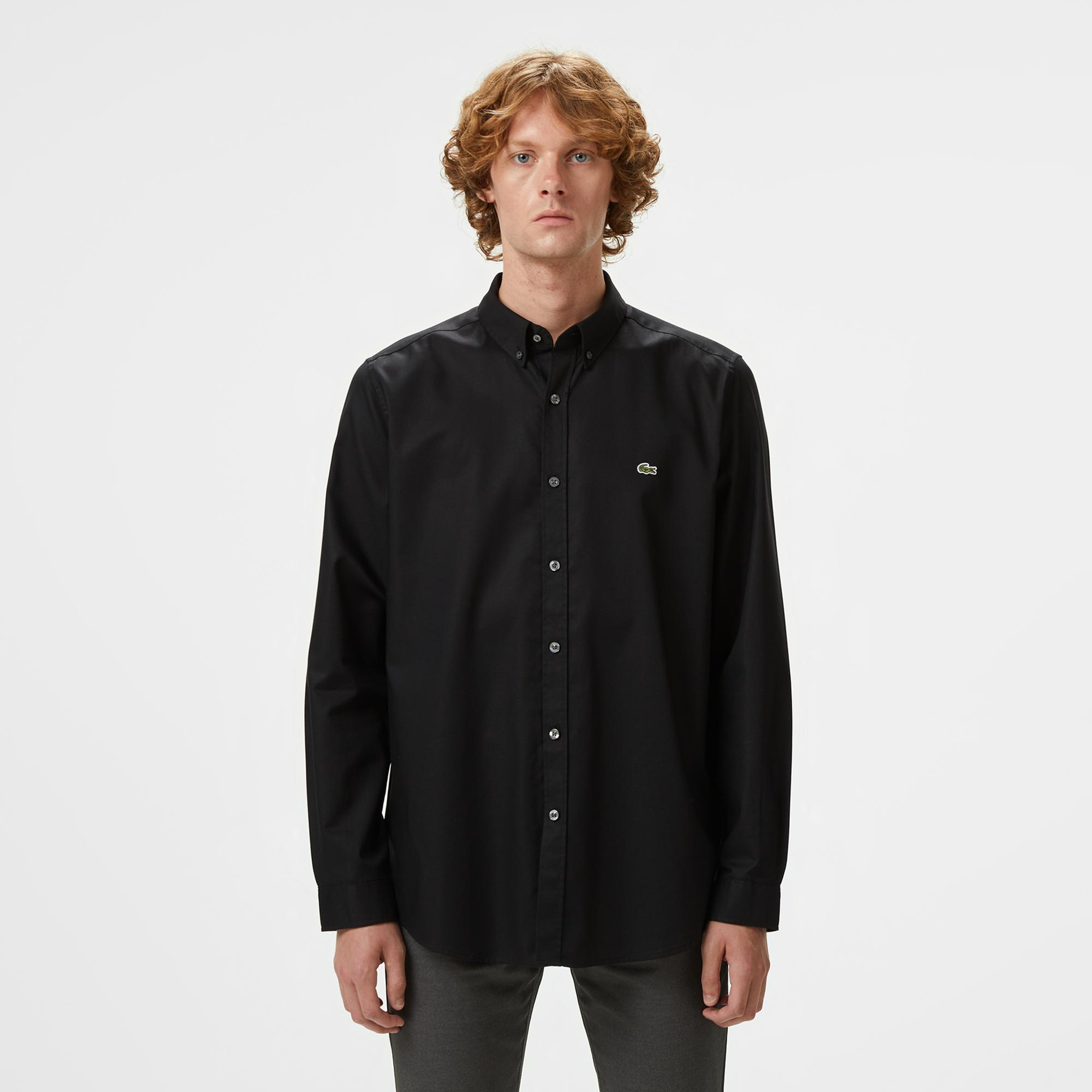 Erkek Slim Fit Düğmeli Yaka Siyah Gömlek