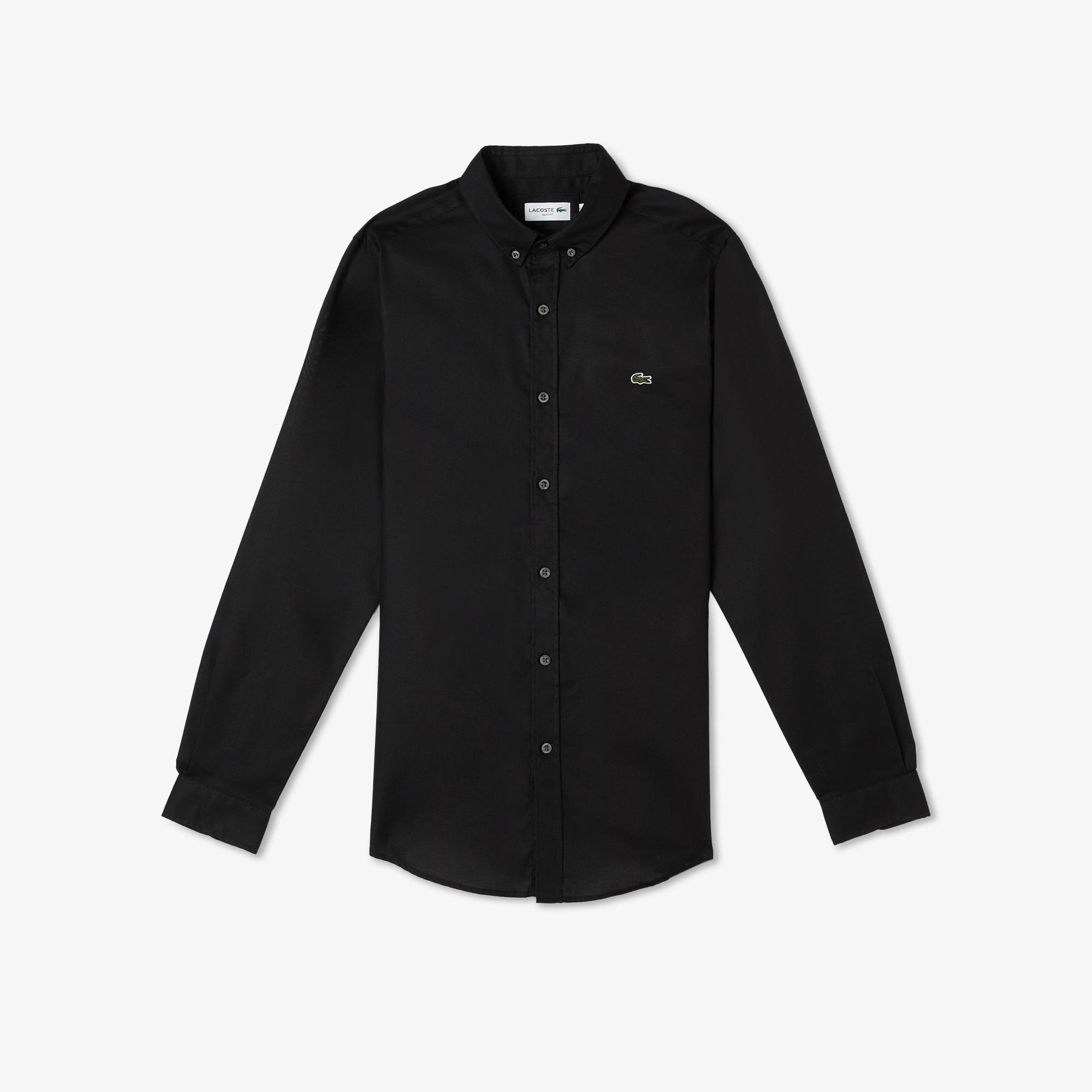 Erkek Slim Fit Düğmeli Yaka Siyah Gömlek