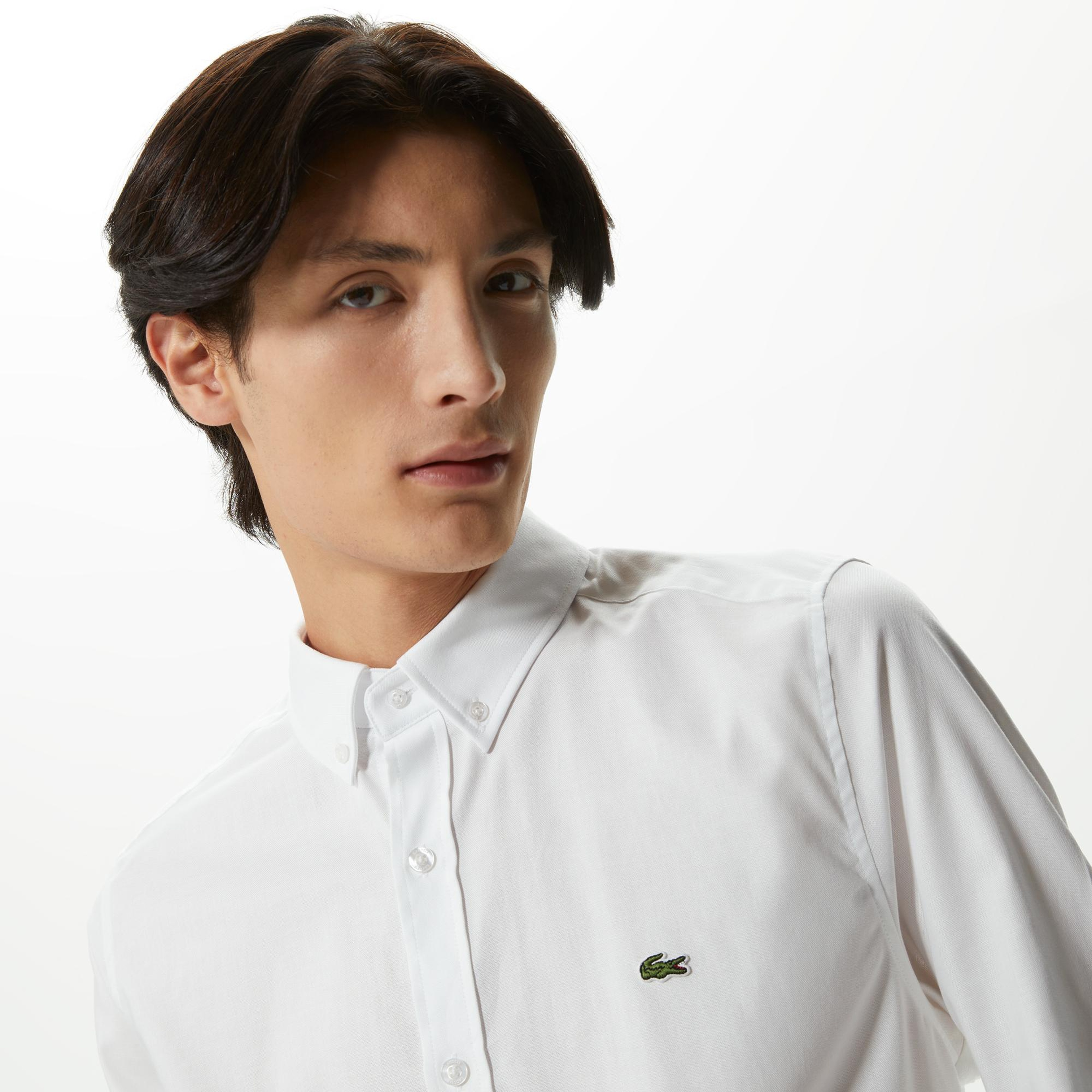 Erkek Slim Fit Düğmeli Yaka Beyaz Gömlek