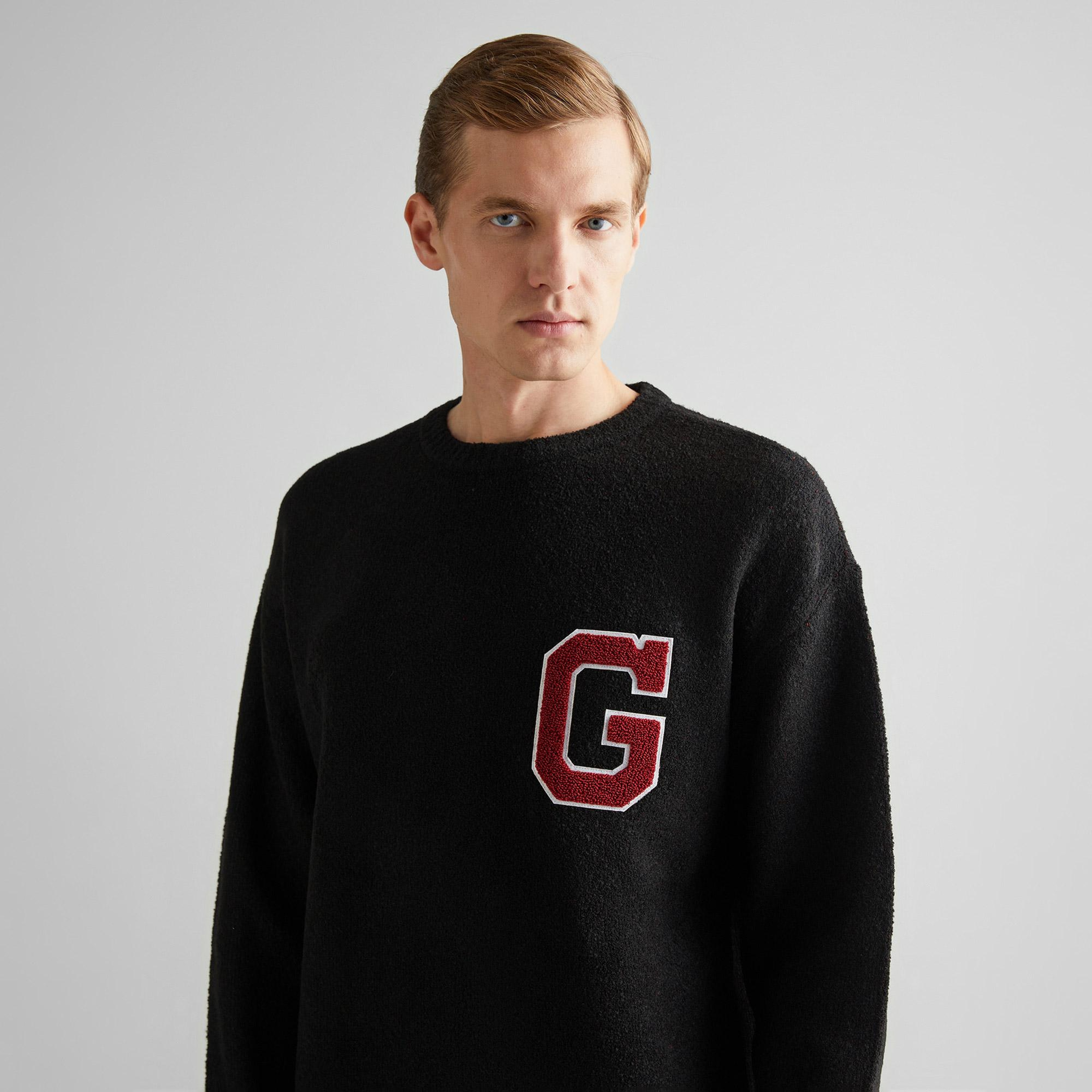 GANT Erkek Siyah Relaxed Fit Bisiklet Yaka Logolu Kazak