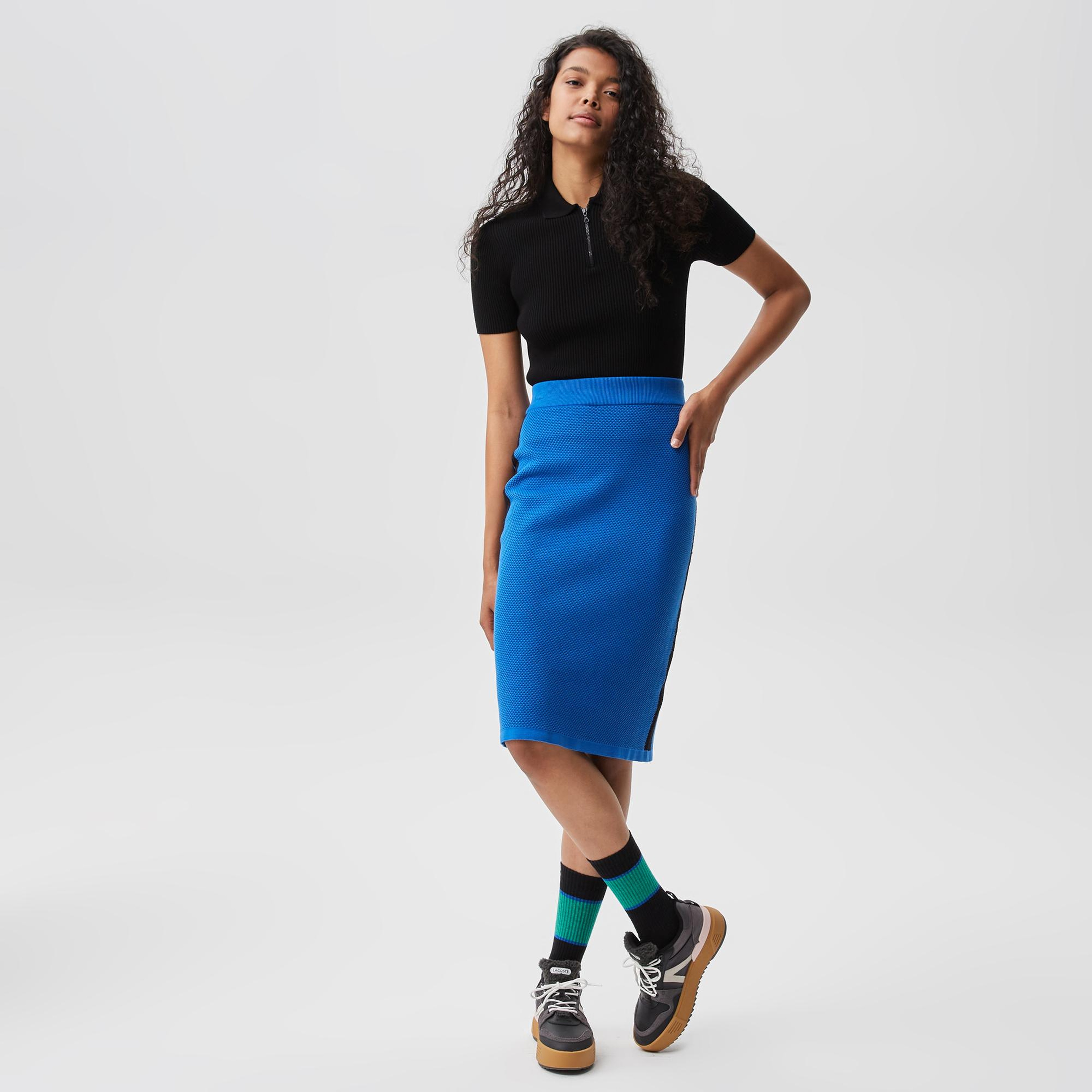 Kadın Slim Fit Renk Bloklu Mavi Etek