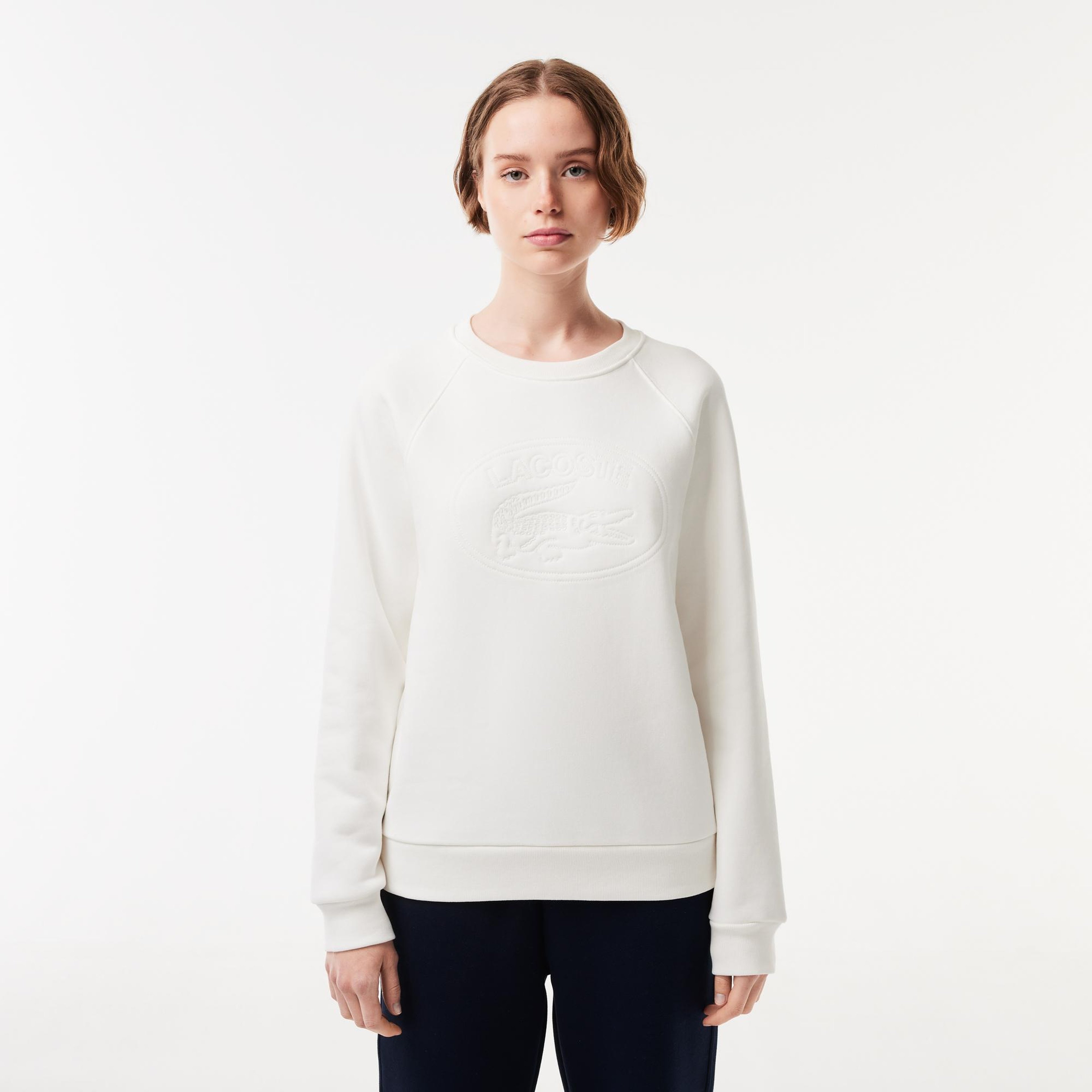 Kadın Bisiklet Yaka Baskılı Beyaz Sweatshirt