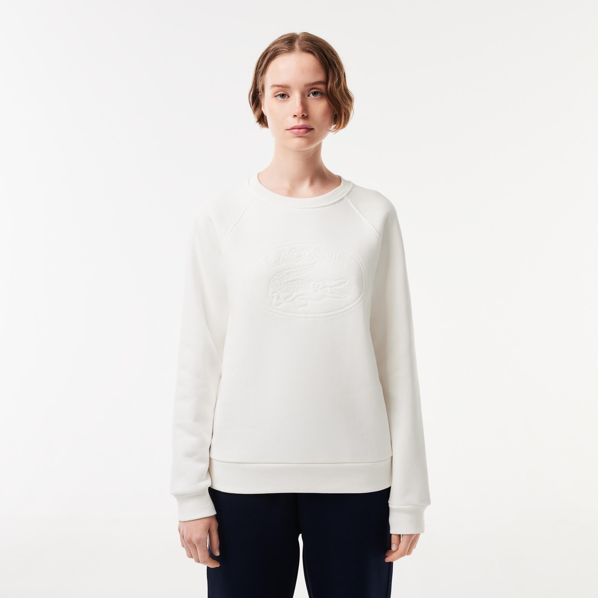 Kadın Bisiklet Yaka Baskılı Beyaz Sweatshirt