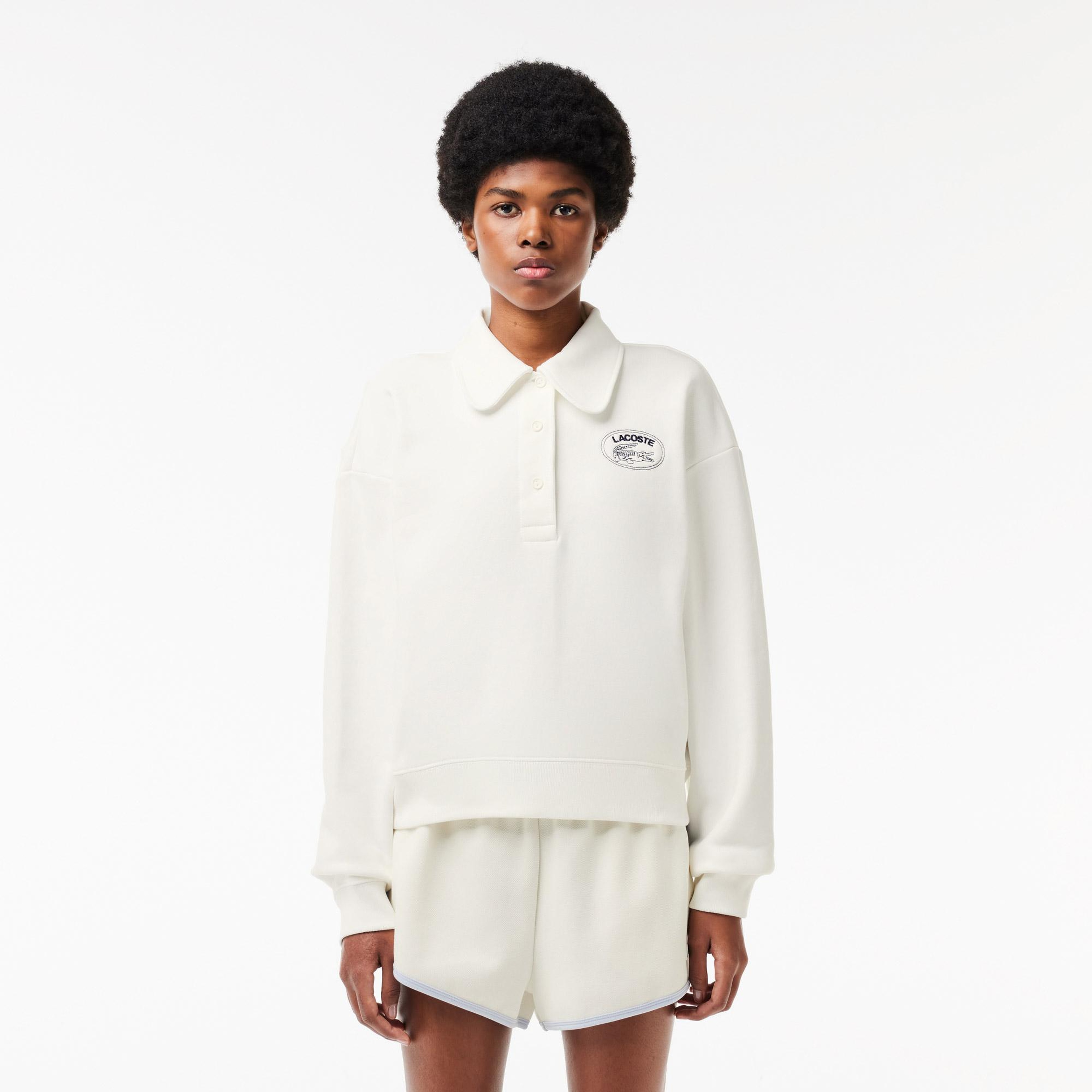 Kadın Polo Yaka Beyaz Sweatshirt