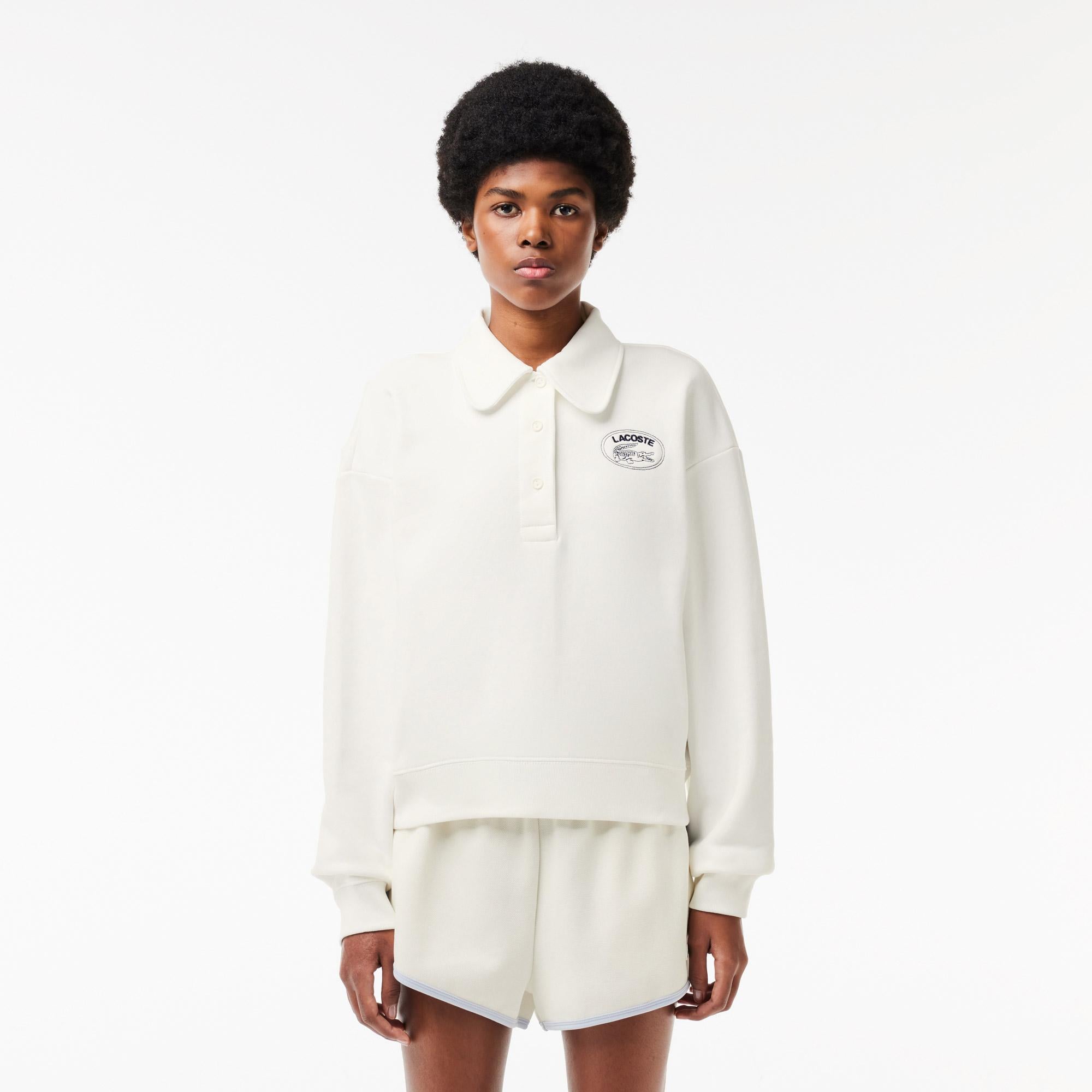 Kadın Polo Yaka Beyaz Sweatshirt