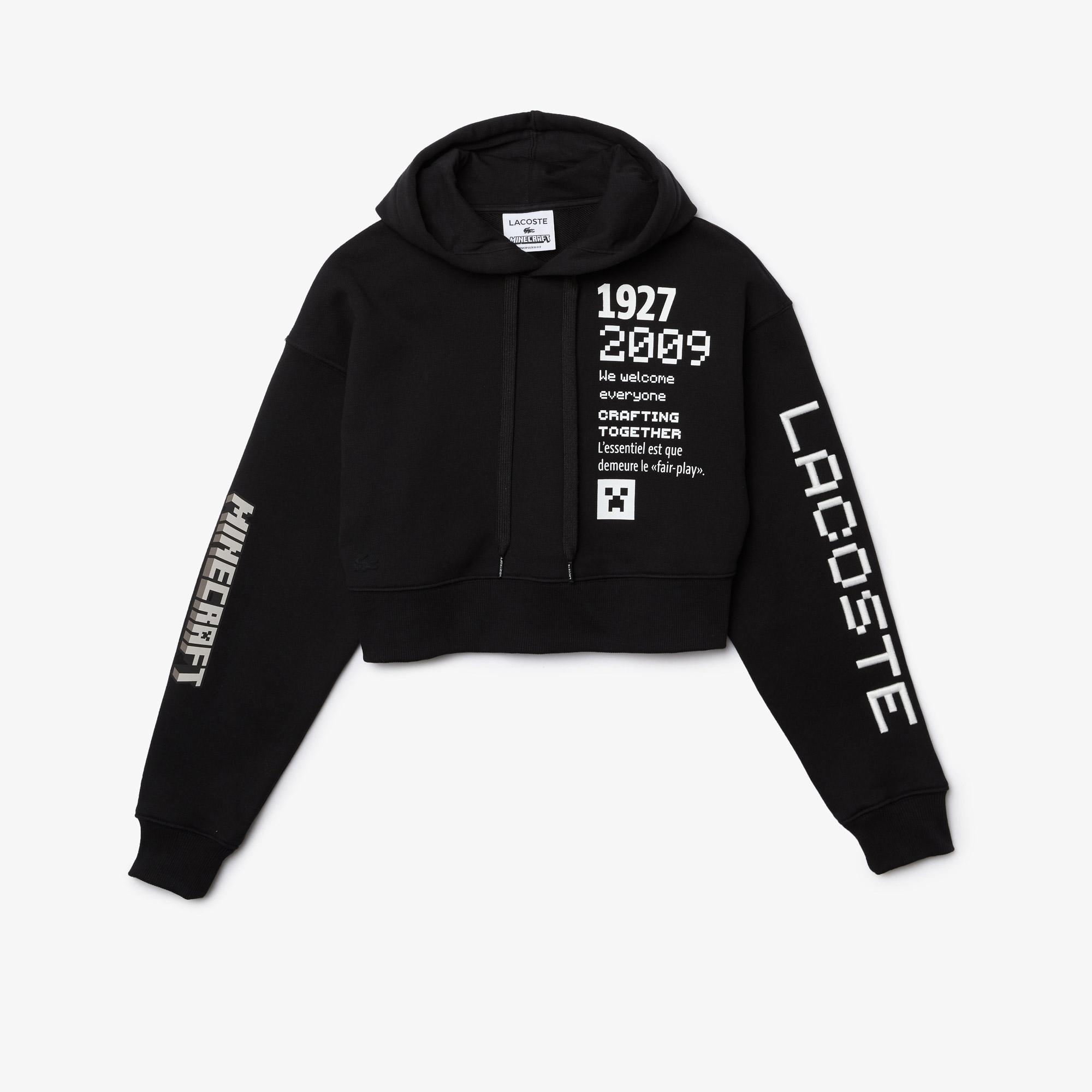 Lacoste X Minecraft Kadın Relaxed Fit Kapüşonlu Baskılı Siyah Sweatshirt