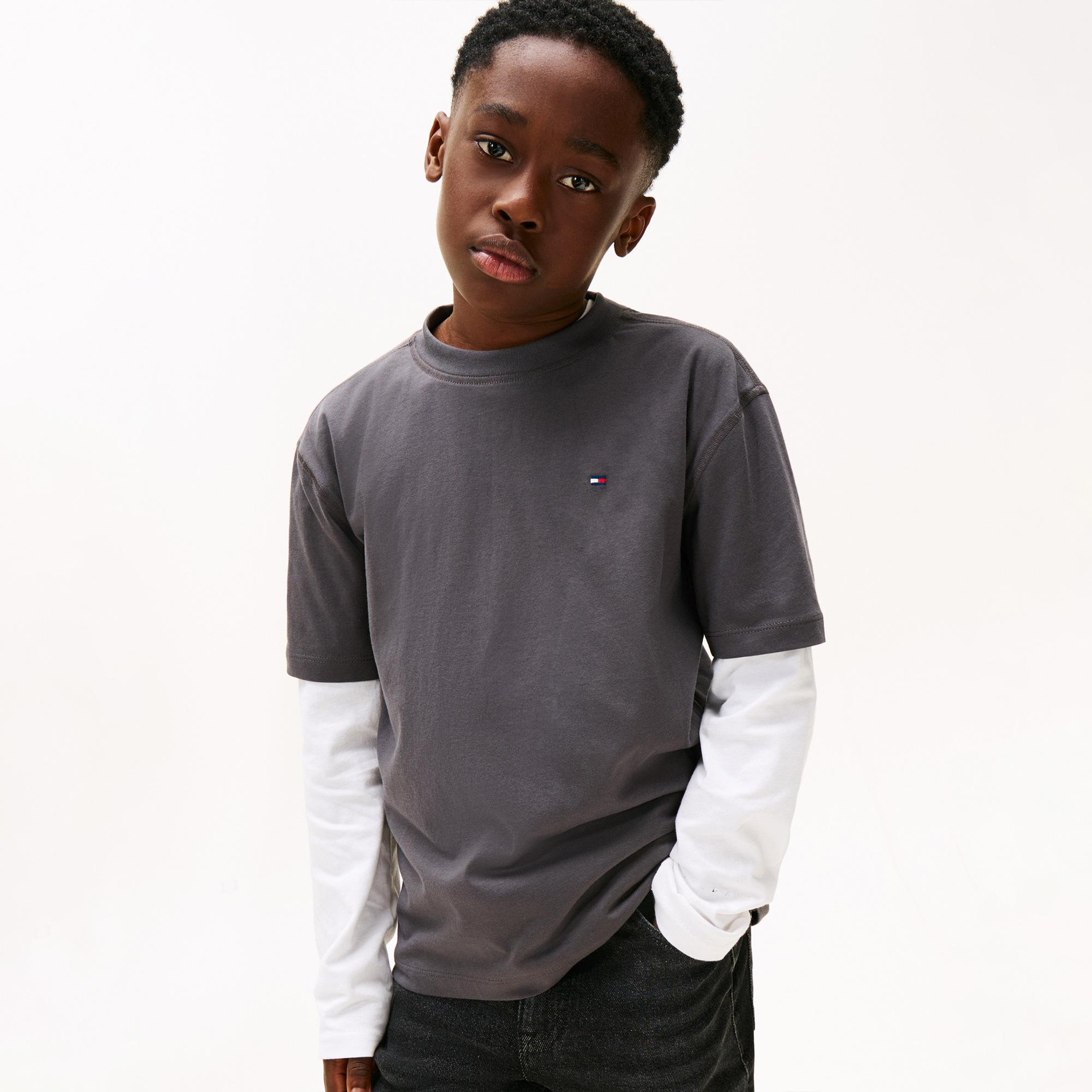 Tommy Hilfiger Washed Faded Graphic Çocuk Gri T-Shirt