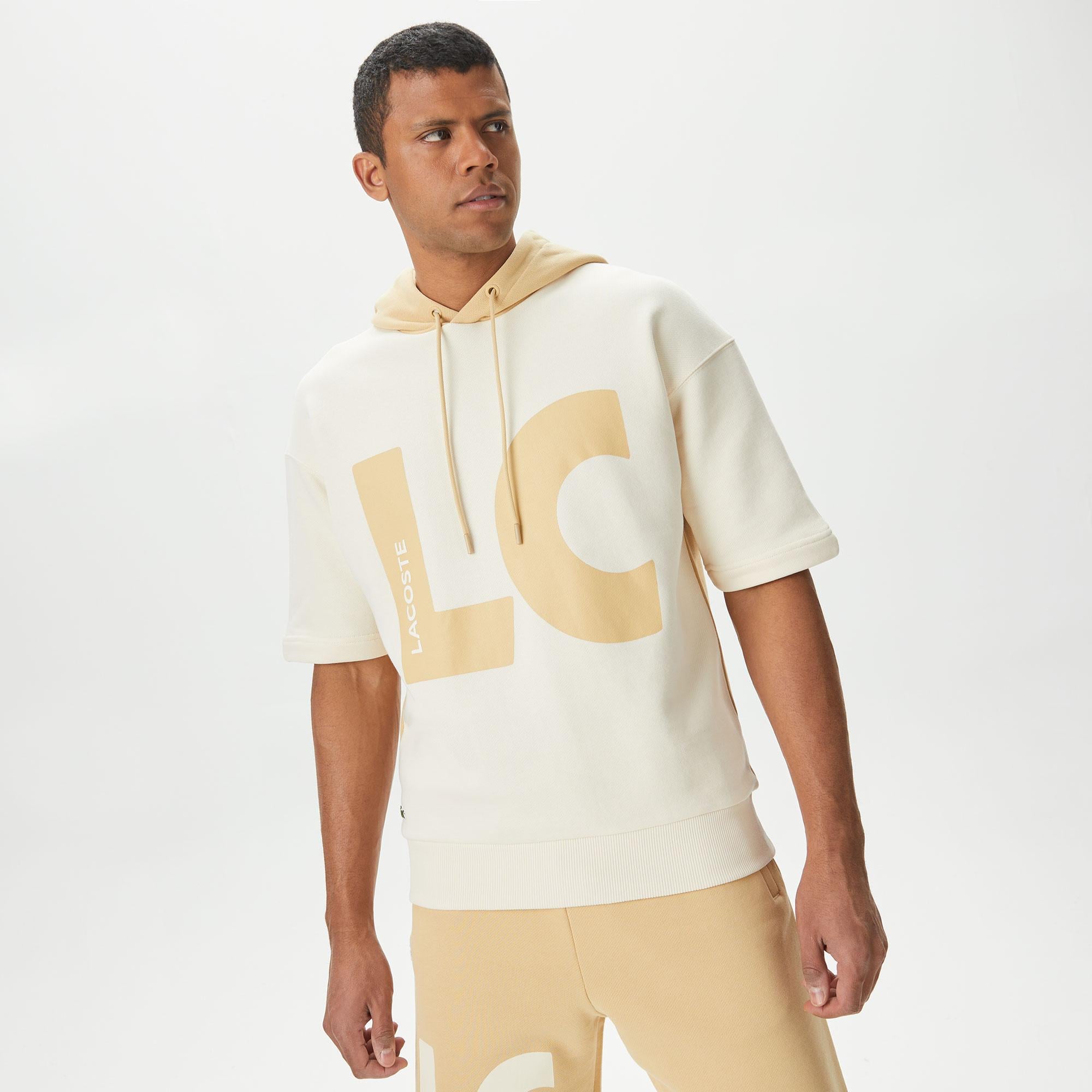 Erkek Loose Fit Kapüşonlu Baskılı Krem Sweatshirt
