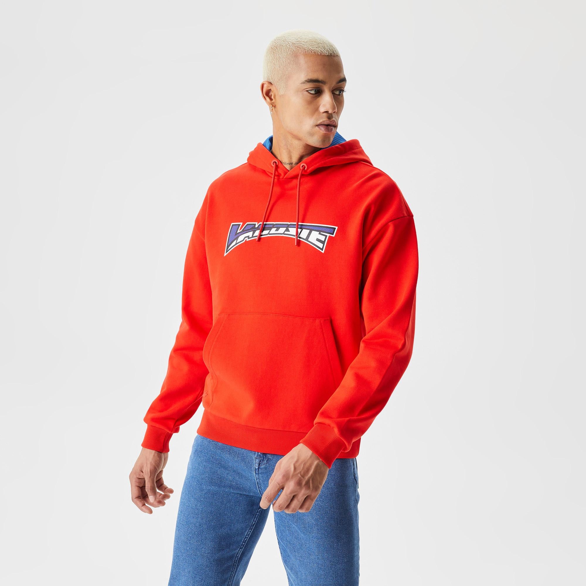 Erkek Relaxed Fit Kapüşonlu Baskılı Kırmızı Sweatshirt