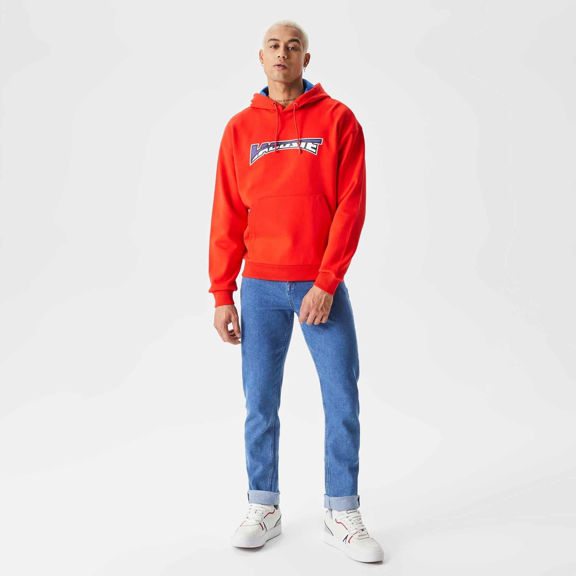 Erkek Relaxed Fit Kapüşonlu Baskılı Kırmızı Sweatshirt