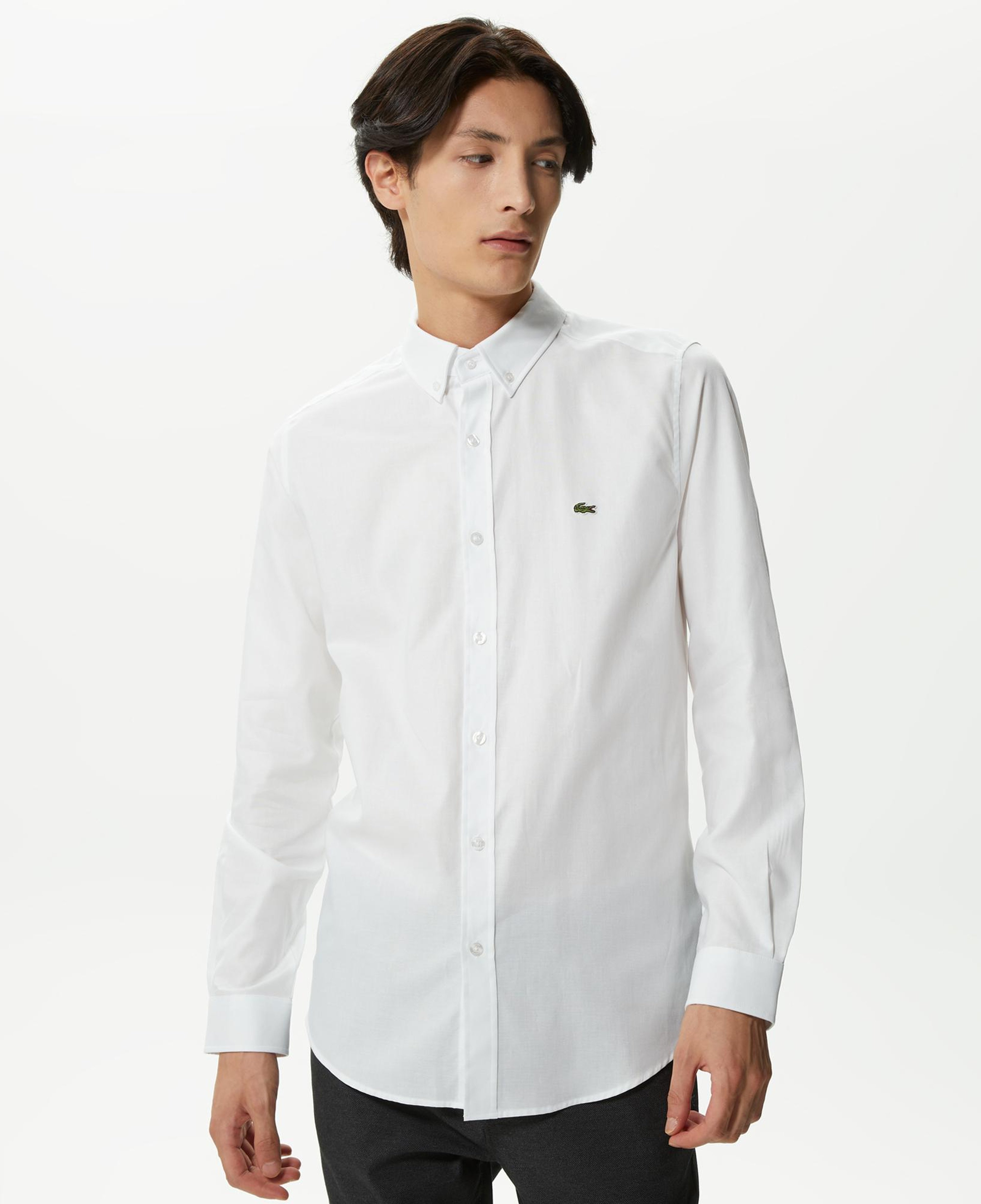 Erkek Slim Fit Düğmeli Yaka Beyaz Gömlek