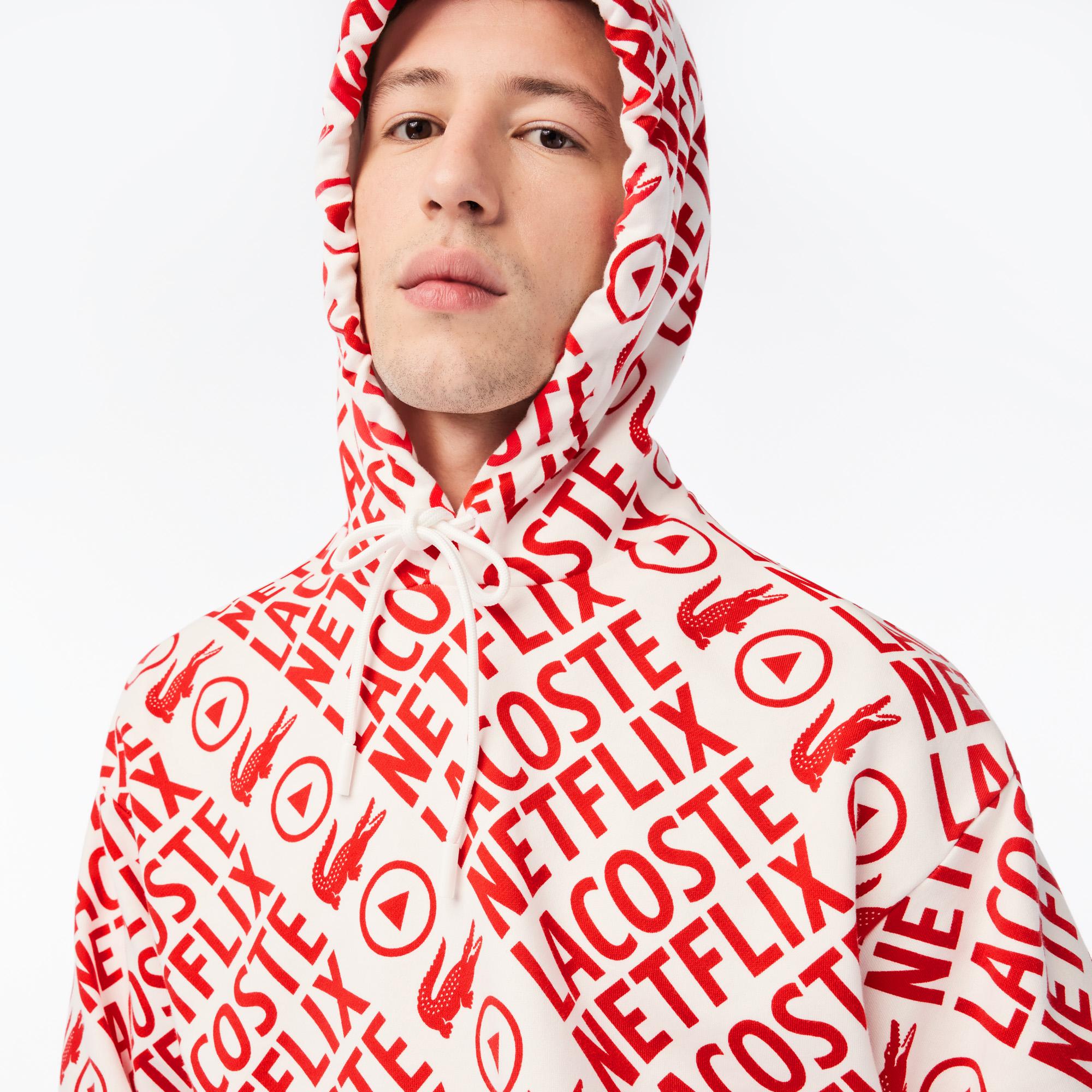 Netflix Erkek Loose Fit Kapüşonlu Baskılı Kırmızı Sweatshirt