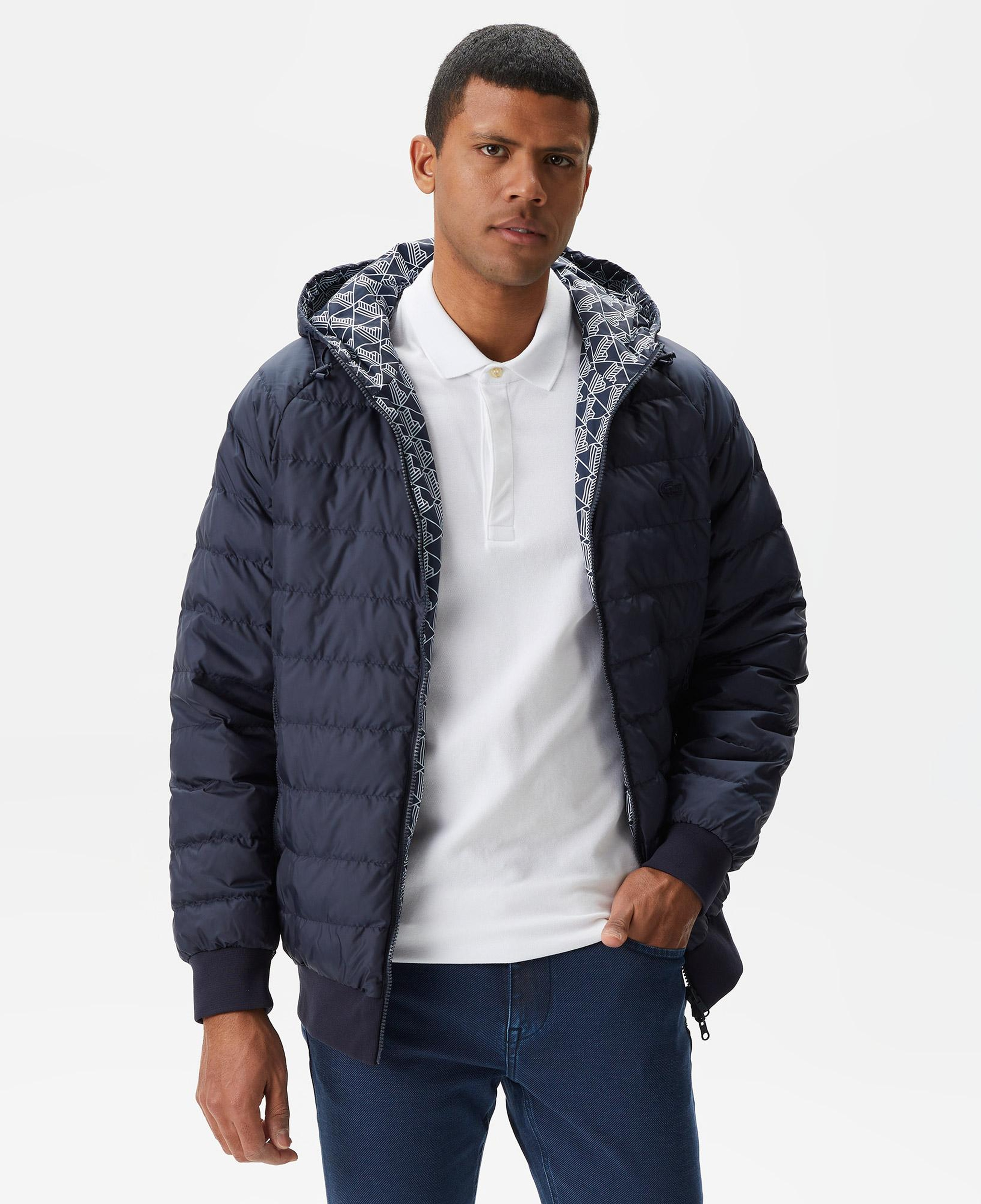 Erkek Kapüşonlu Monogram Çift Taraflı Lacivert Bomber Ceket