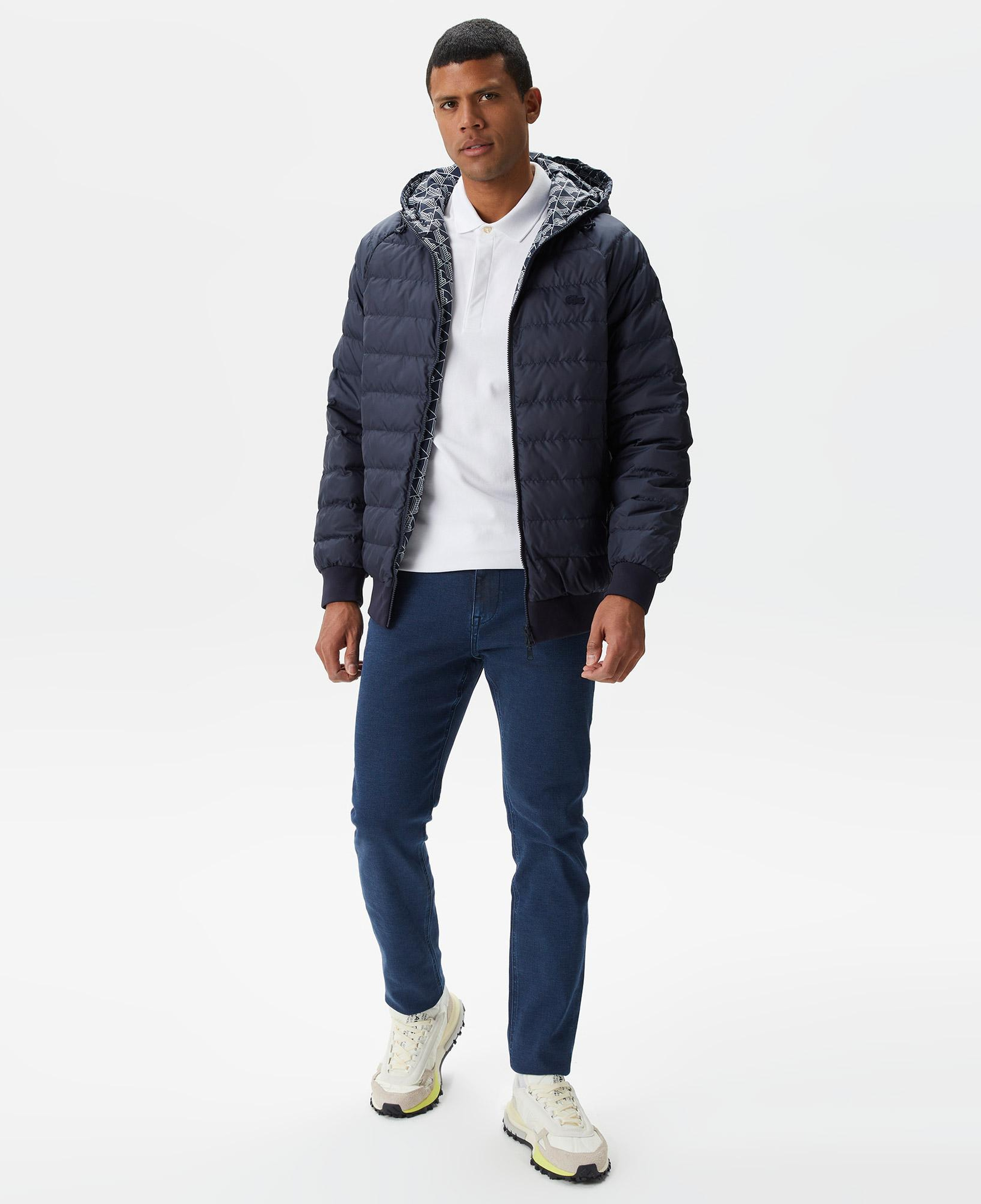Erkek Kapüşonlu Monogram Çift Taraflı Lacivert Bomber Ceket