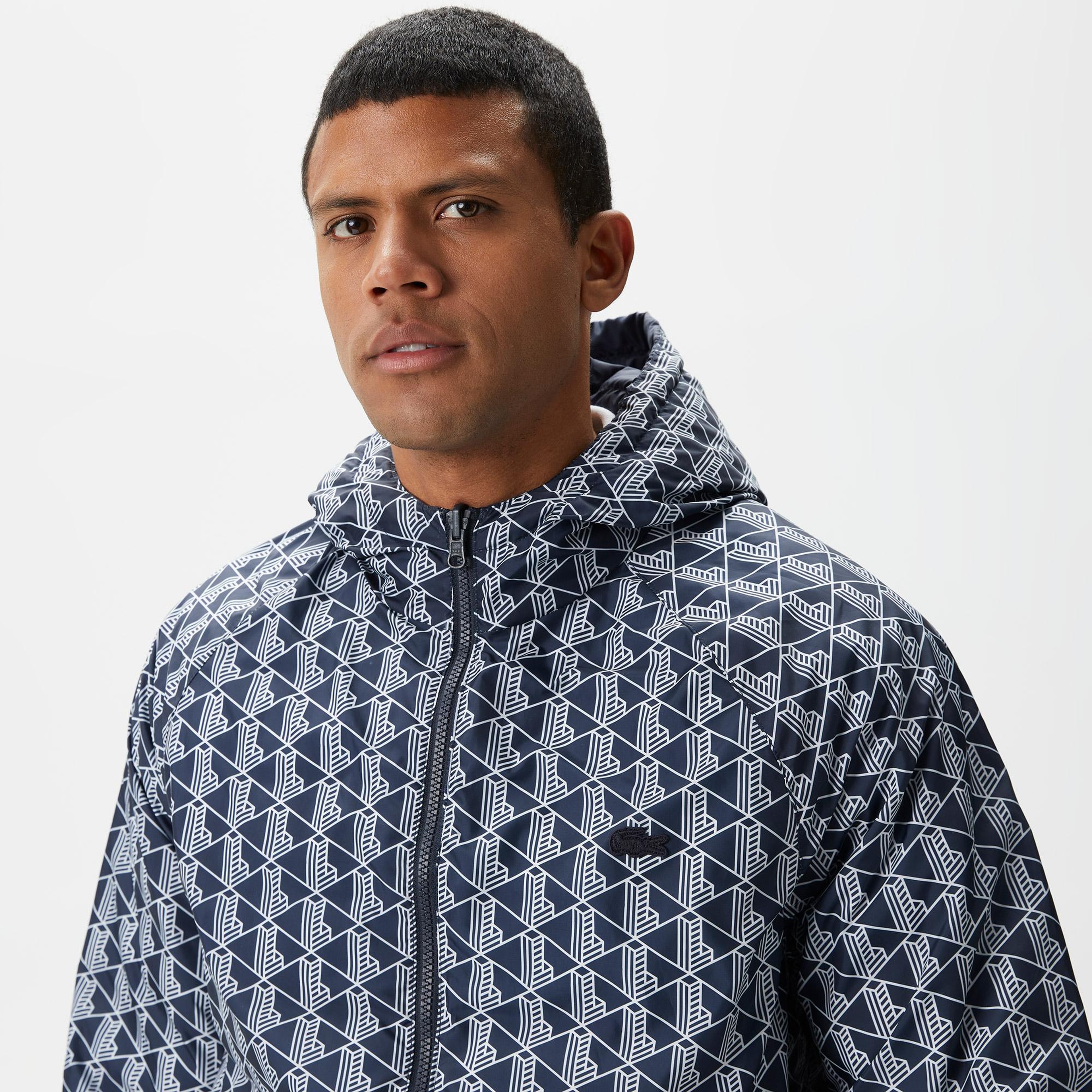 Erkek Kapüşonlu Monogram Çift Taraflı Lacivert Bomber Ceket
