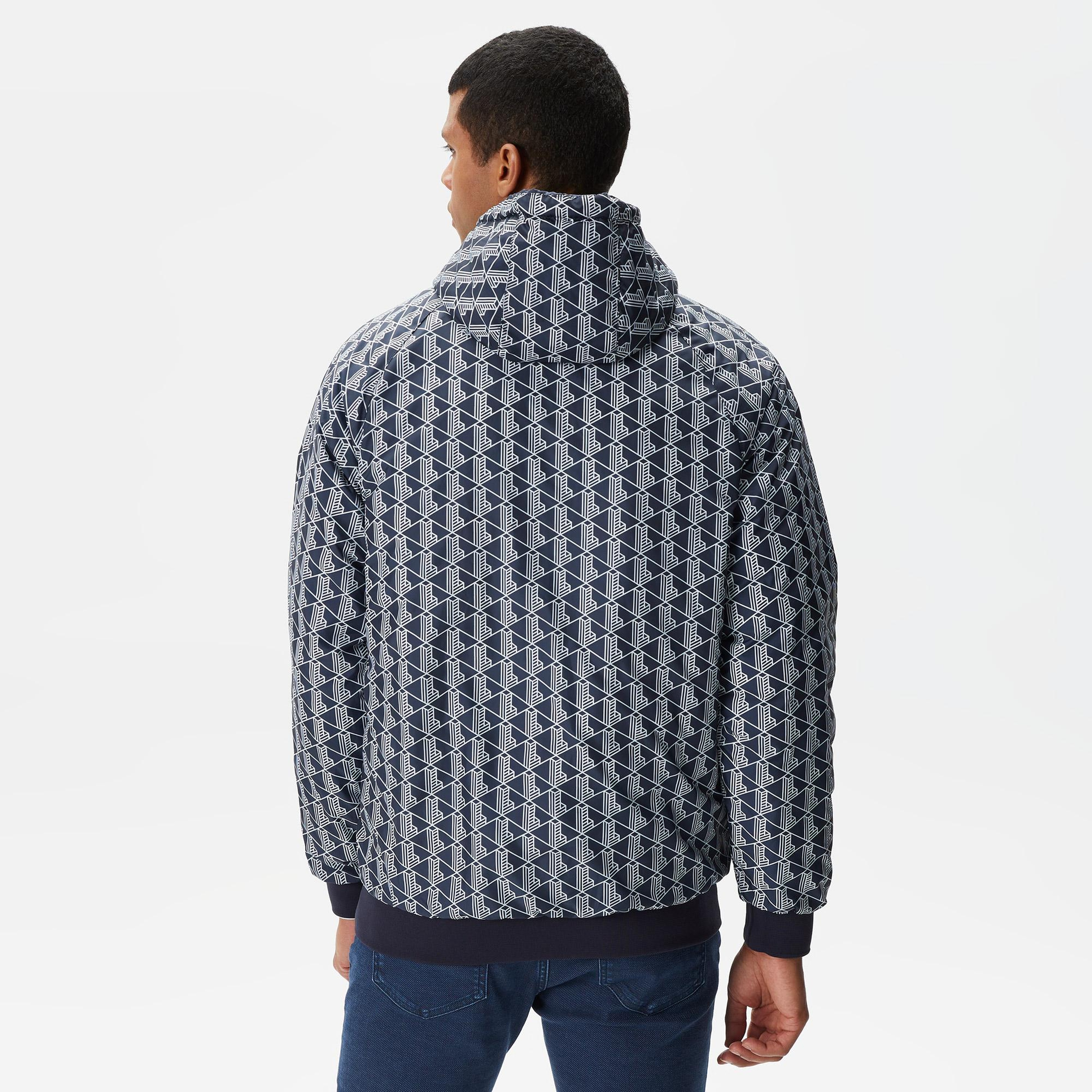 Erkek Kapüşonlu Monogram Çift Taraflı Lacivert Bomber Ceket