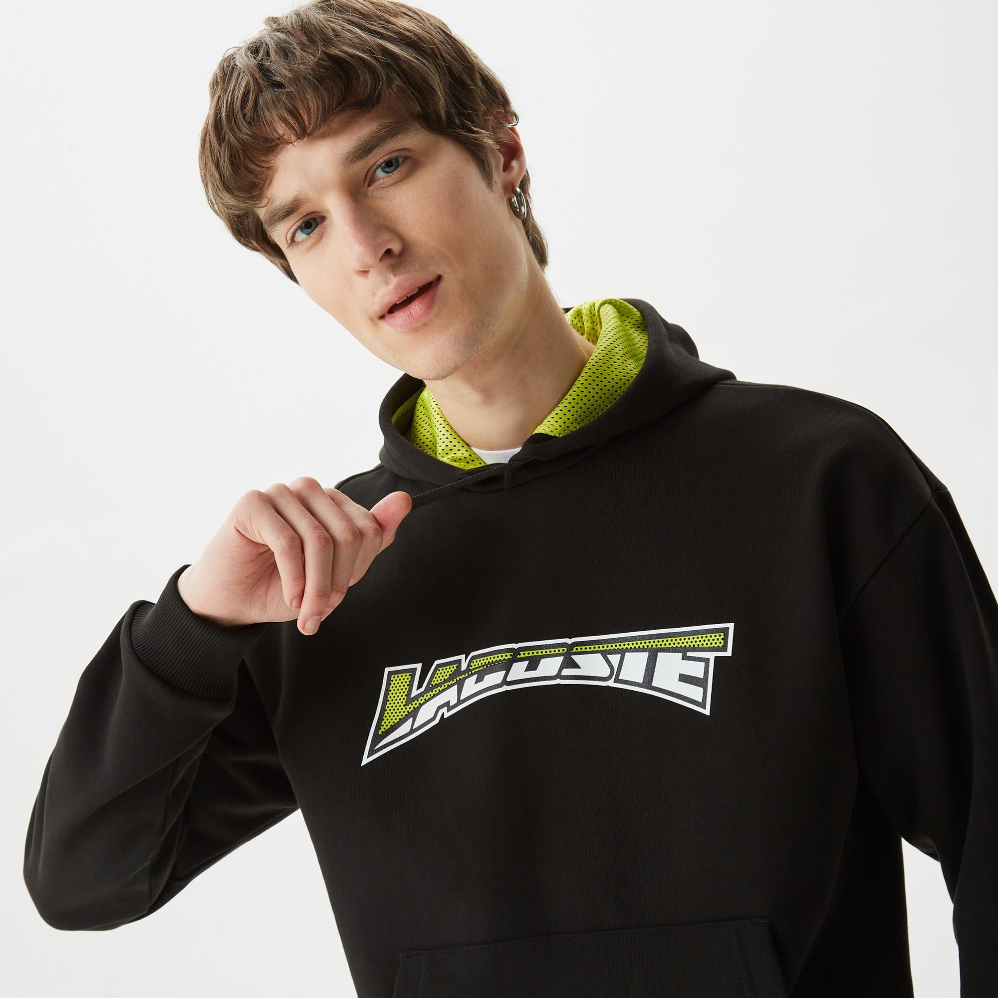 Erkek Relaxed Fit Kapüşonlu Baskılı Siyah Sweatshirt