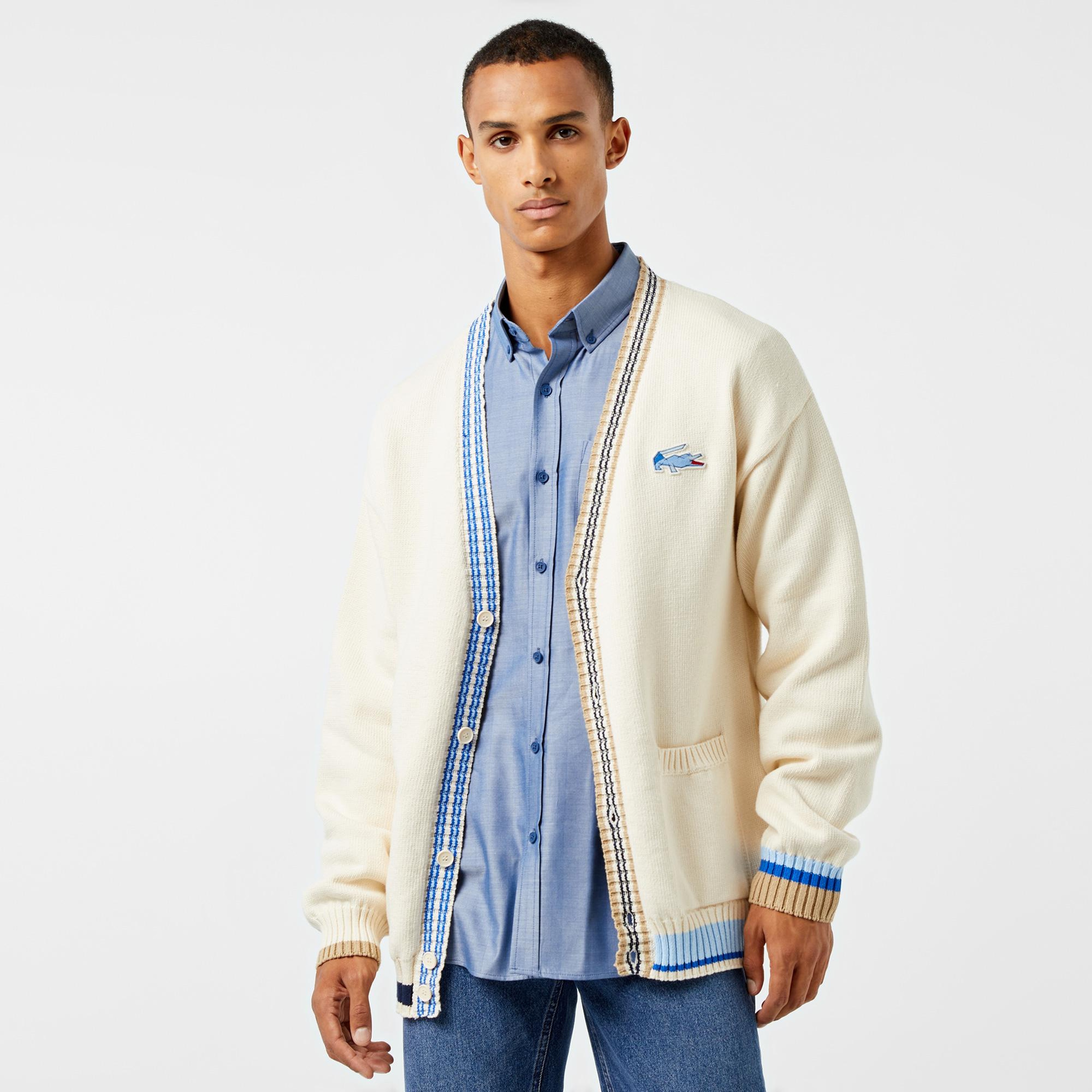 Erkek Loose Fit V Yaka Renk Bloklu Krem Hırka