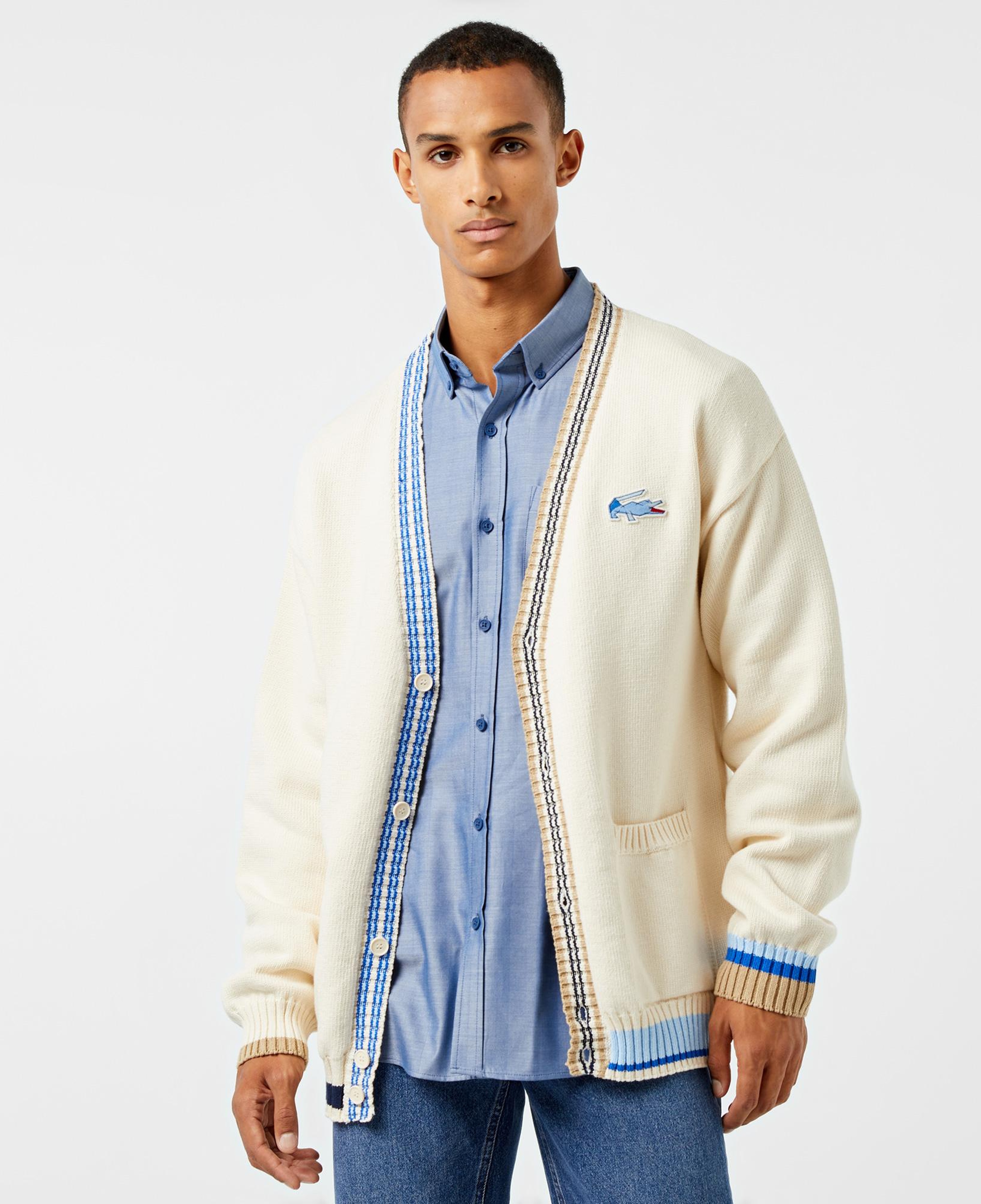Erkek Loose Fit V Yaka Renk Bloklu Krem Hırka