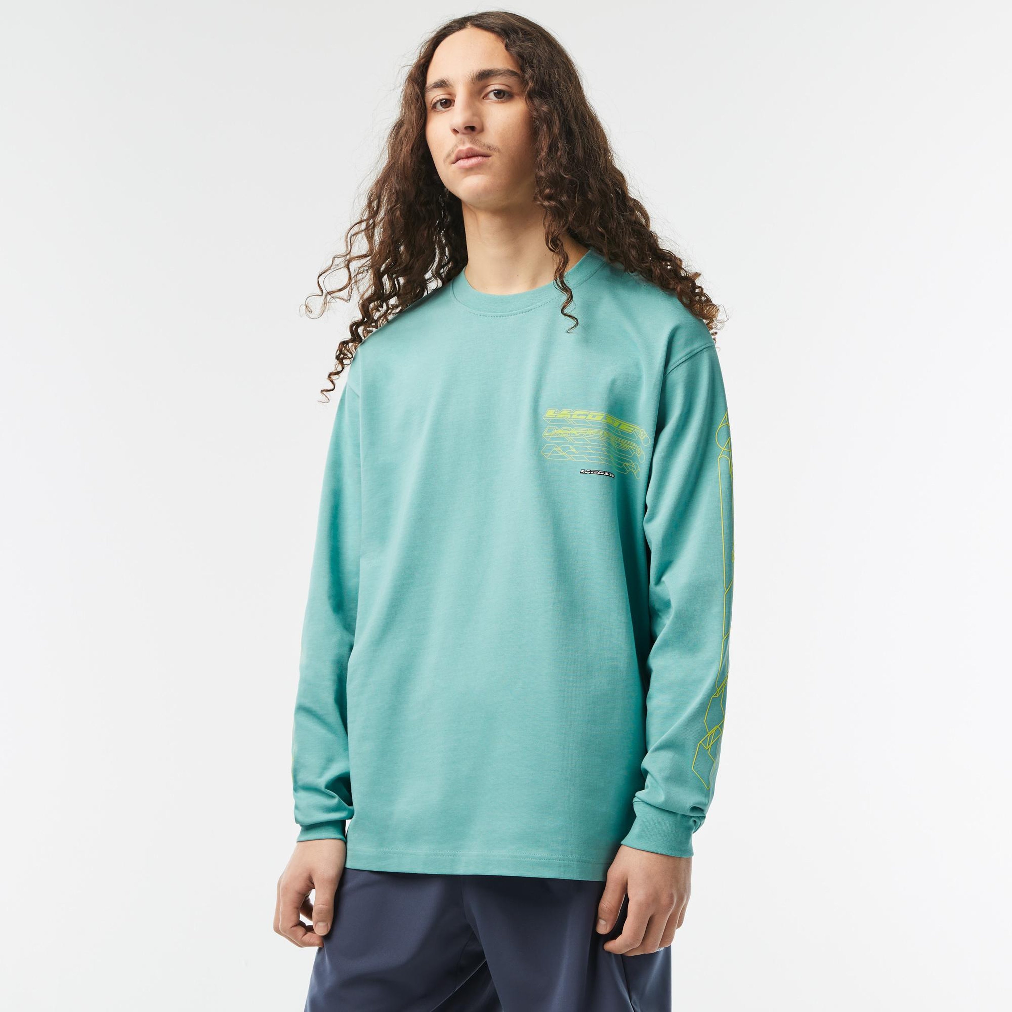 Erkek Loose Fit Uzun Kollu Bisiklet Yaka Yeşil T-Shirt