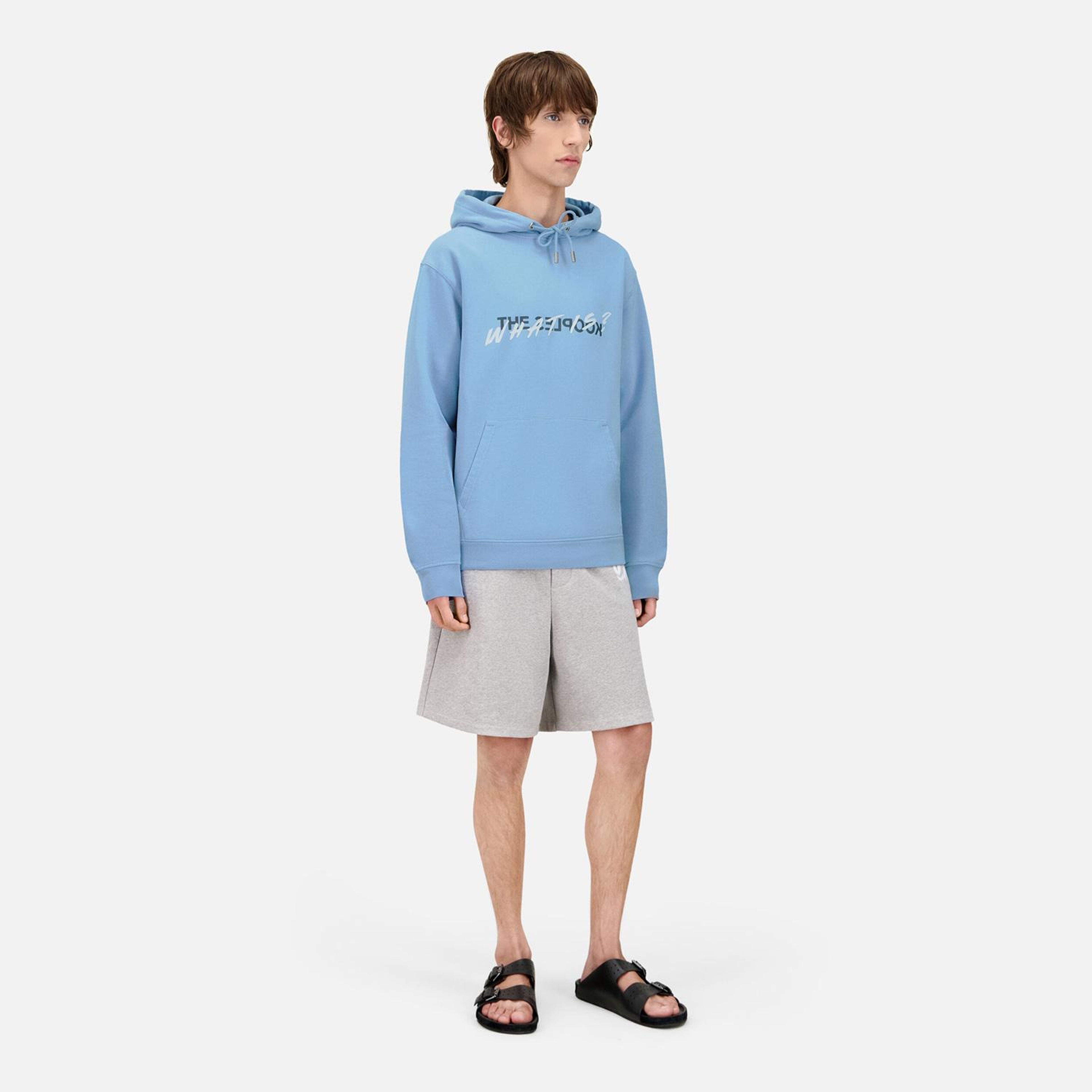 Erkek Baskılı Kapüşonlu Mavi Sweatshirt
