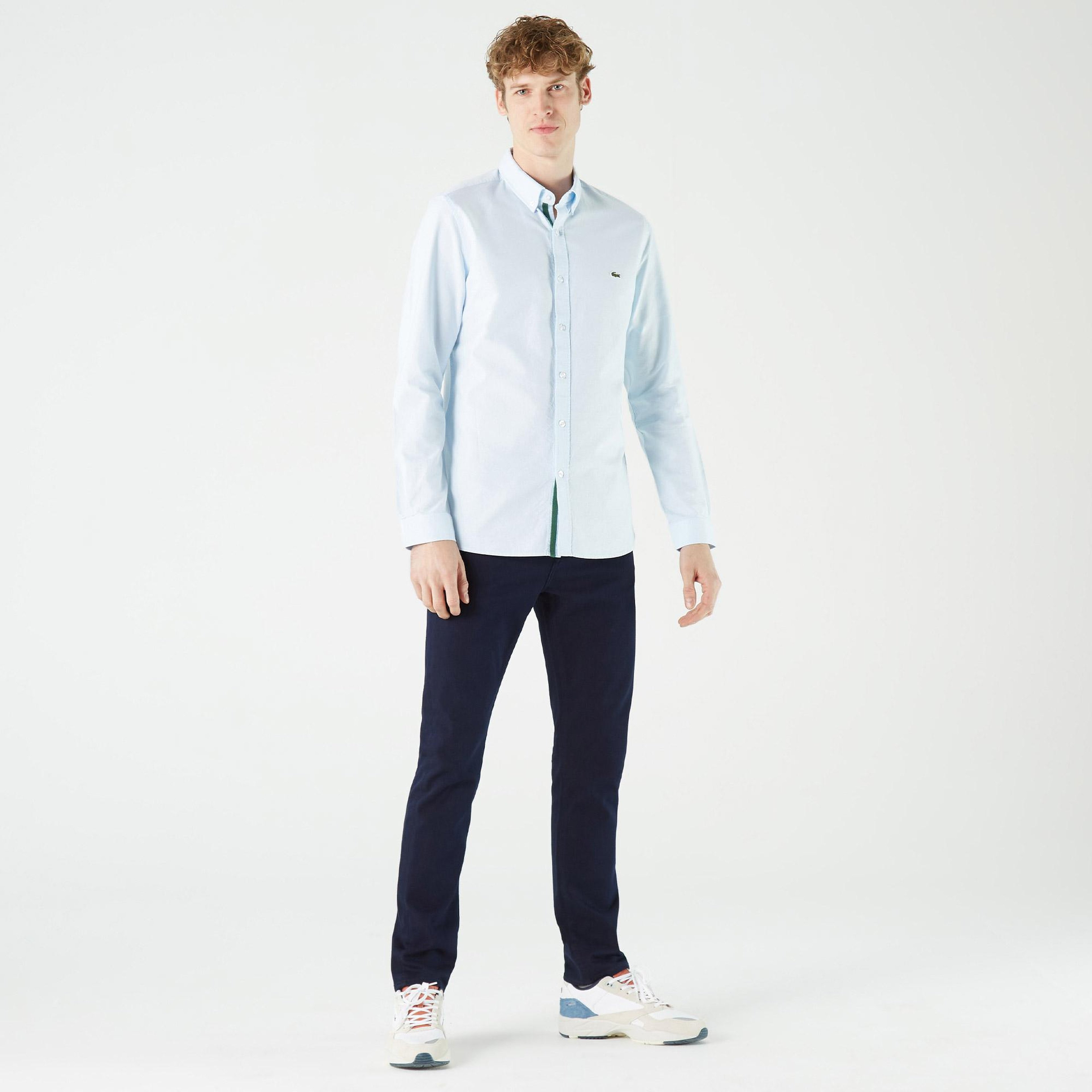Erkek Slim Fit Düğmeli Yaka Açık Mavi Gömlek