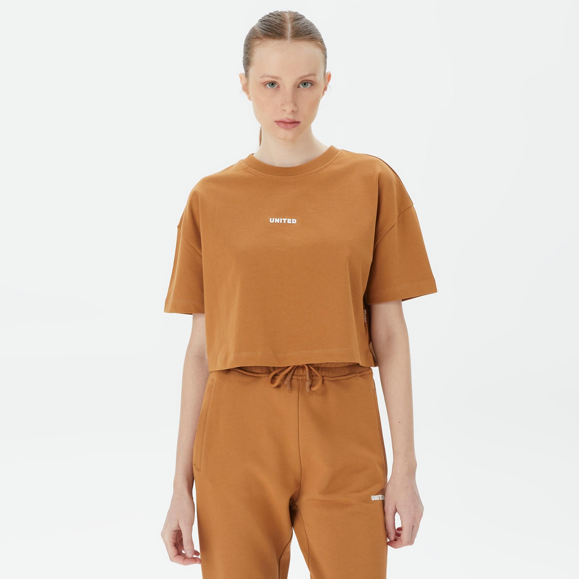 UNITED4 Kadın Kahverengi Crop T-Shirt