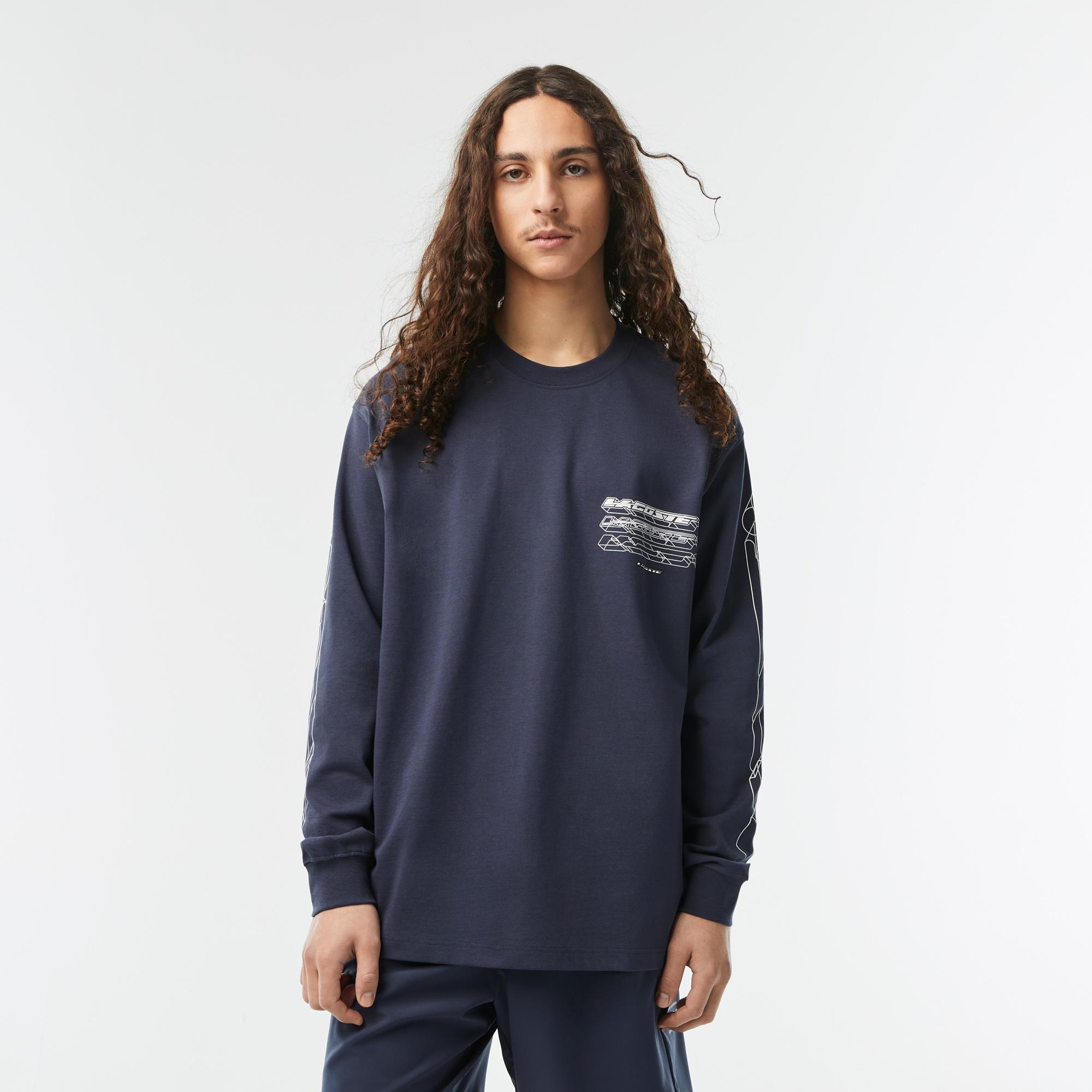 Erkek Loose Fit Uzun Kollu Bisiklet Yaka Lacivert T-Shirt