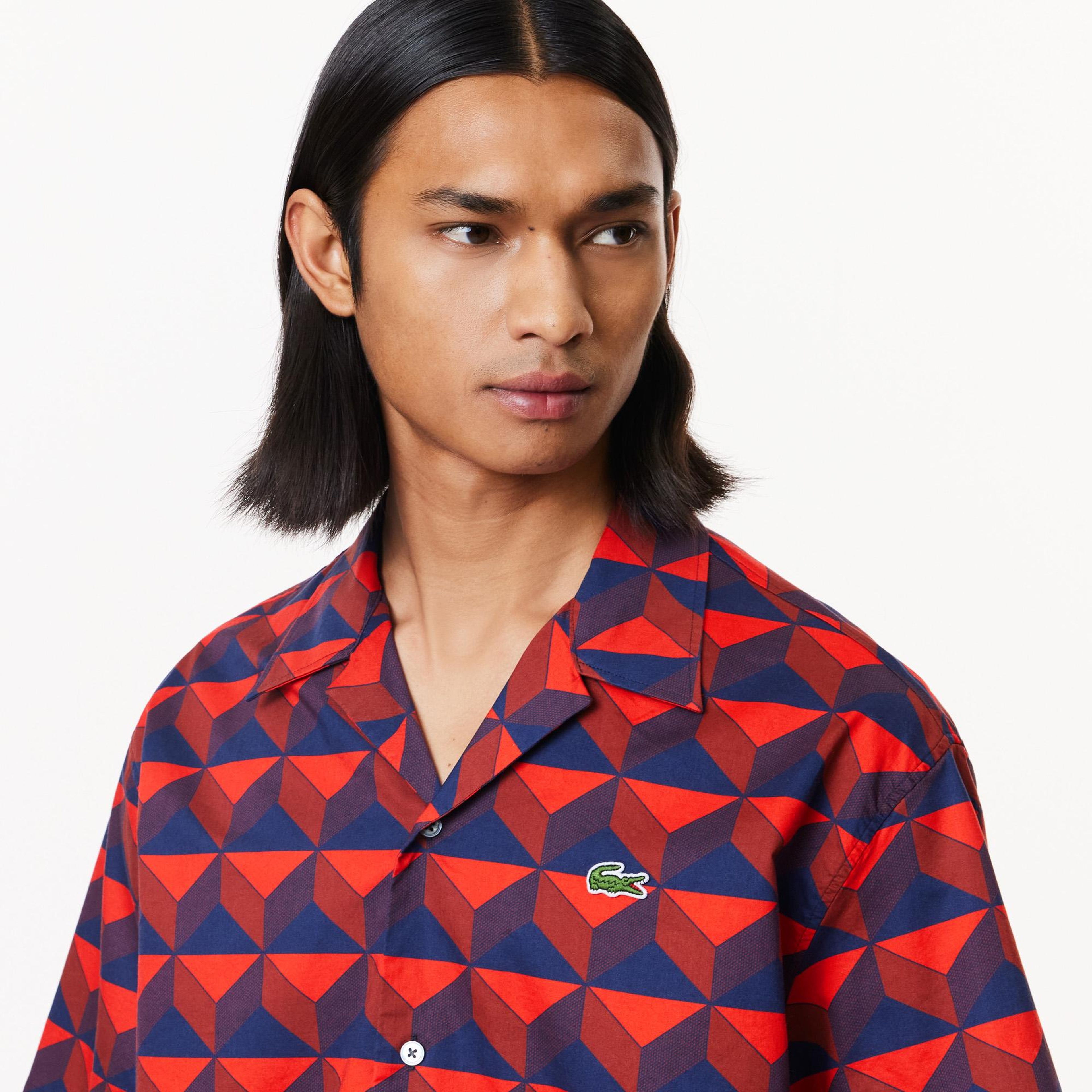 Erkek Relaxed Fit Kısa Kollu Monogram Bordo Gömlek