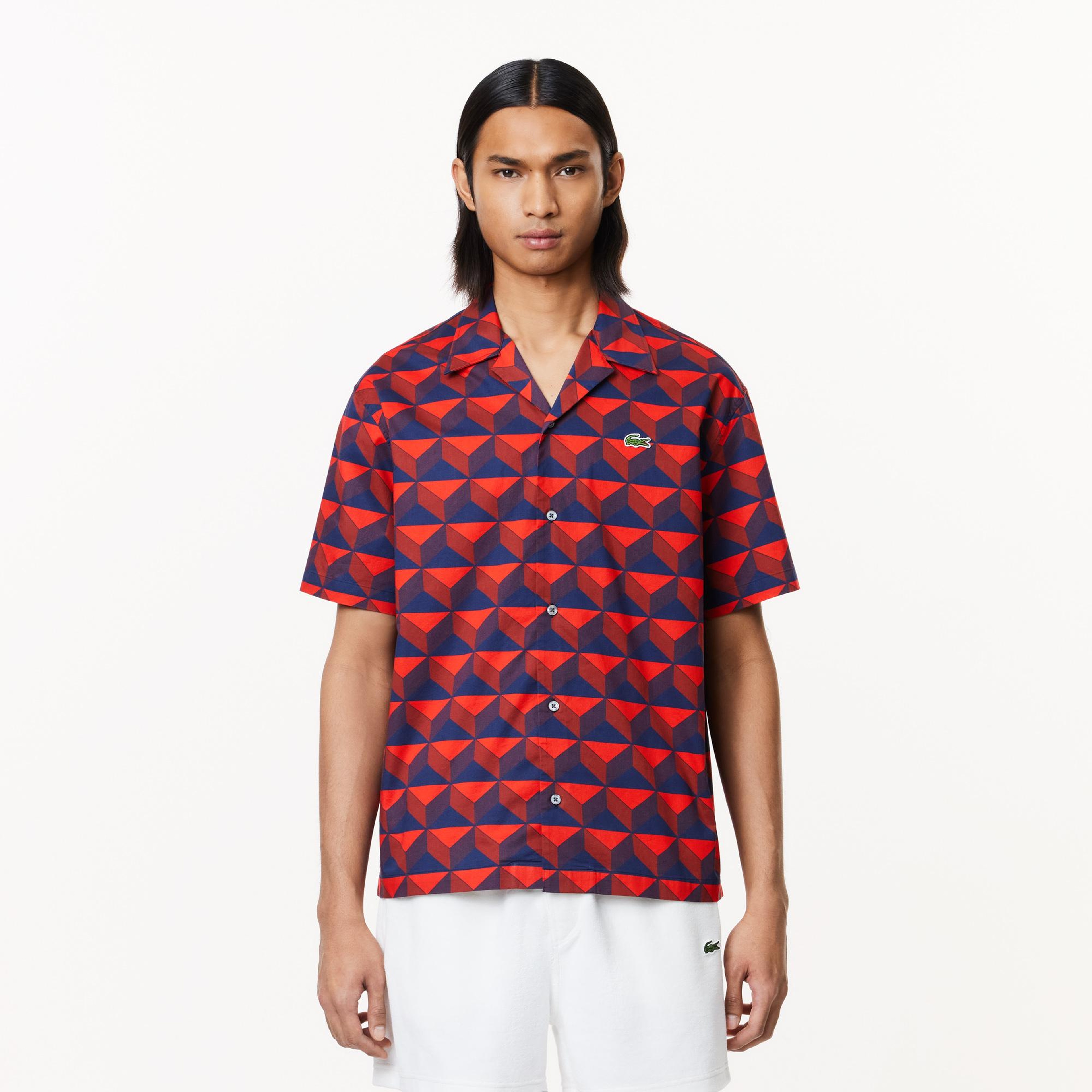 Erkek Relaxed Fit Kısa Kollu Monogram Bordo Gömlek