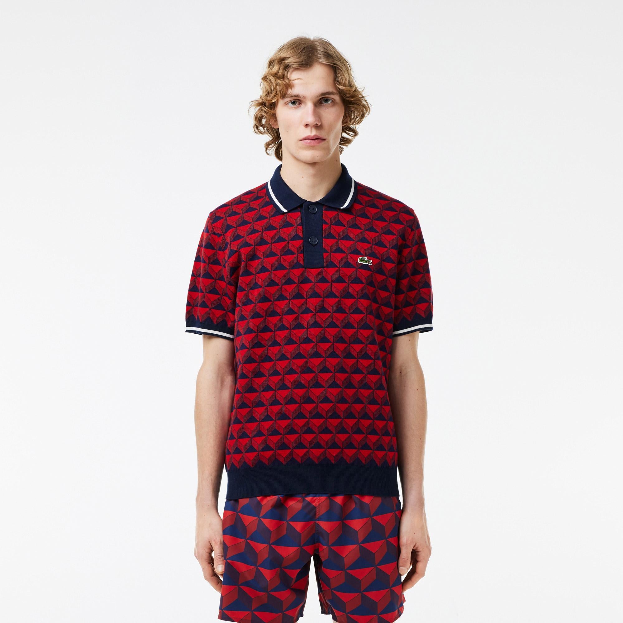 Erkek Regular Fit Polo Yaka Monogram Bordo Triko Polo