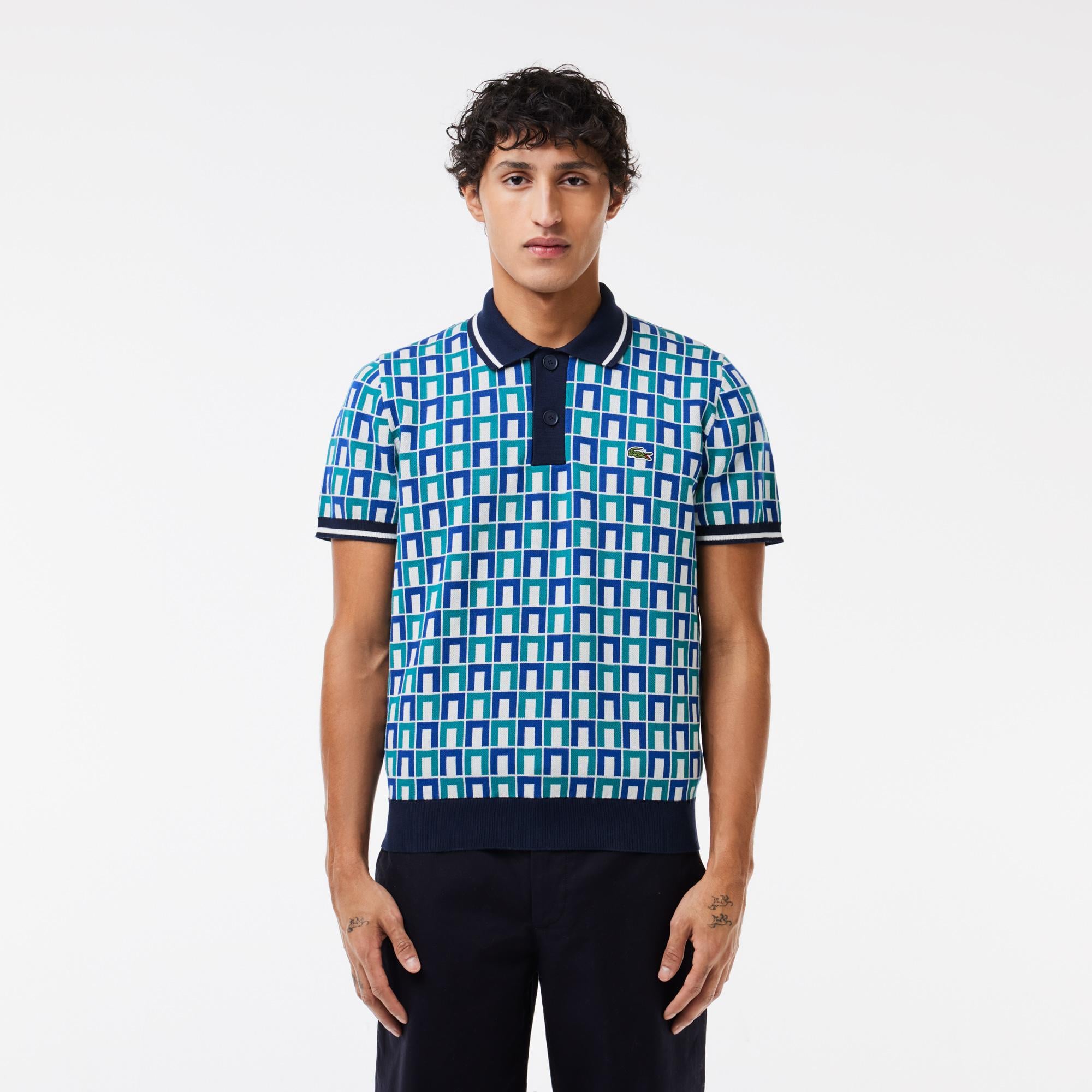 Erkek Regular Fit Gömlek Yaka Monogram Mavi Polo
