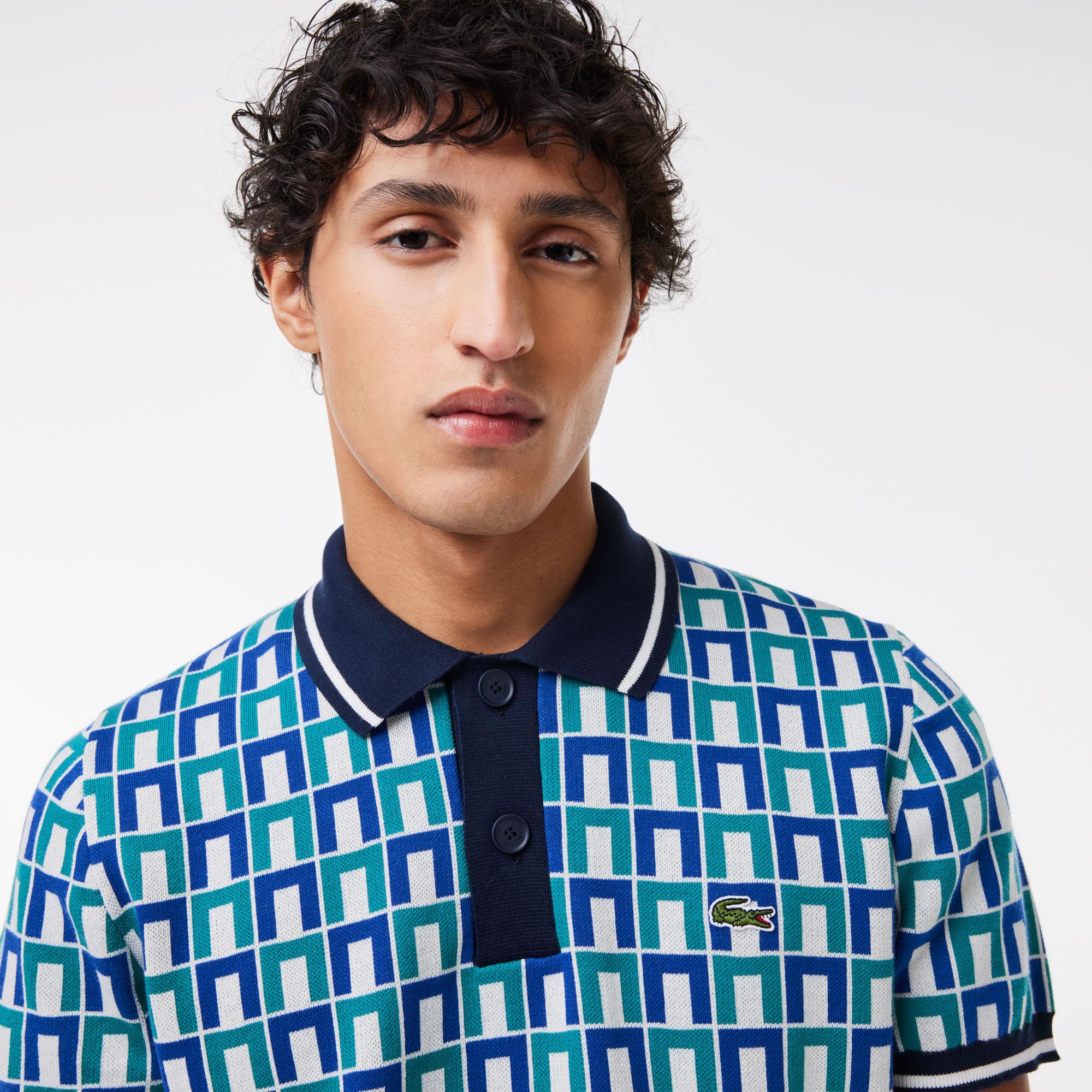 Erkek Regular Fit Gömlek Yaka Monogram Mavi Polo